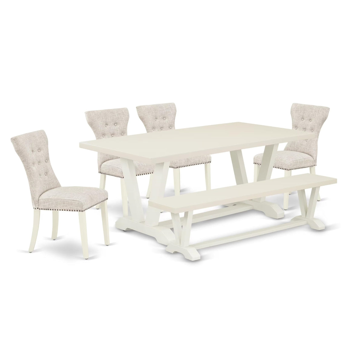 Casafoyer V-Style 6 Piece Set Contains A Rectangle Dining Room Table With V-Legs And 4 Doeskin Linen Fabric Upholstered Chairs With A Bench, 40X72 Inch, V027Ga235-6
