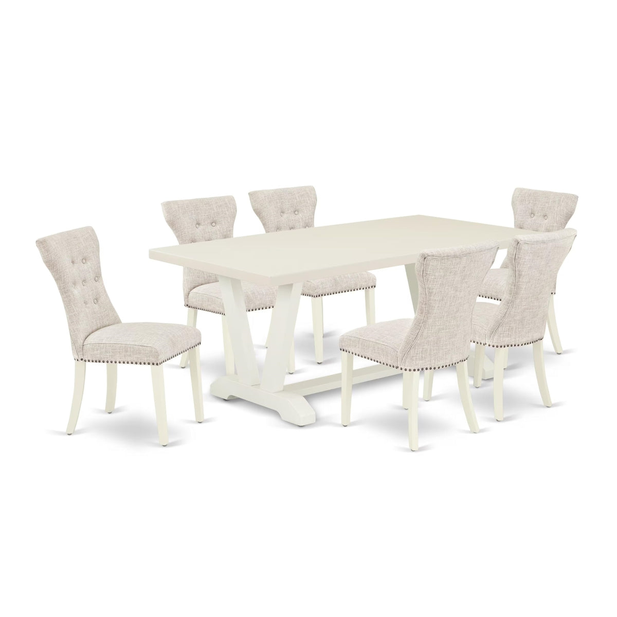 Casafoyer V-Style 7 Piece Set Consist Of A Rectangle Dining Room Table With V-Legs And 6 Doeskin Linen Fabric Upholstered Chairs, 40X72 Inch, V027Ga235-7