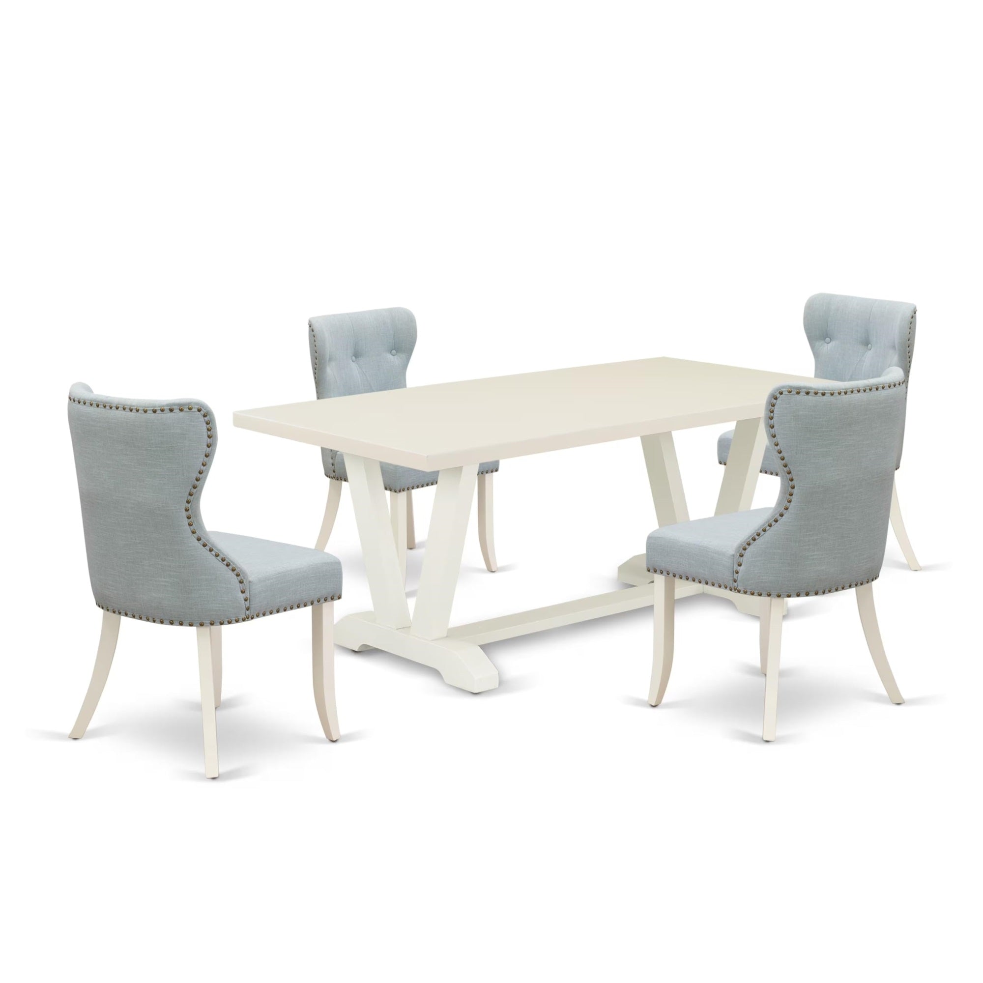 Casafoyer V-Style 5 Piece Dining Set For 4 Includes A Rectangle Kitchen Table With V-Legs And 4 Baby Blue Linen Fabric Upholstered Chairs, 40X72 Inch, Multi-Color