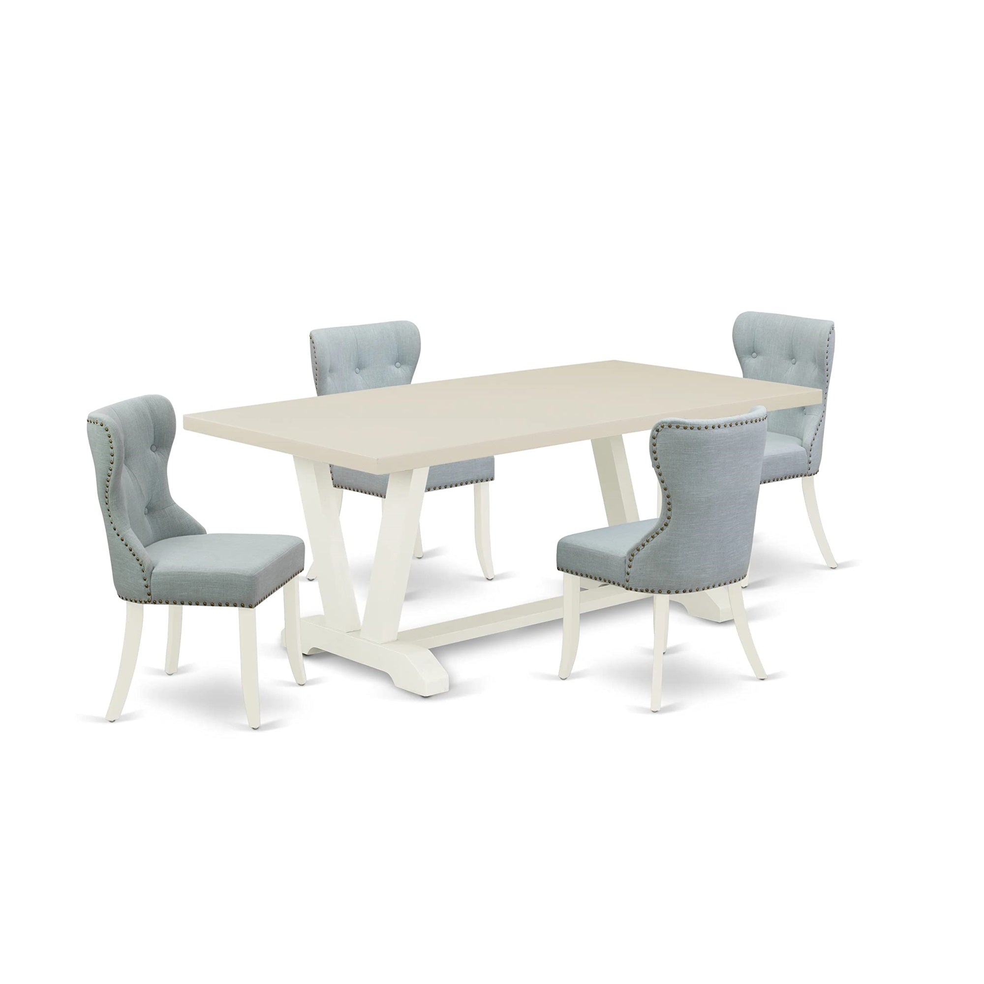 East West Furniture V027Si215-5 V-Style 5 Piece Dining Set For 4 Includes A Rectangle Kitchen Table With V-Legs And 4 Baby Blue Linen Fabric Upholstered Chairs, 40X72 Inch