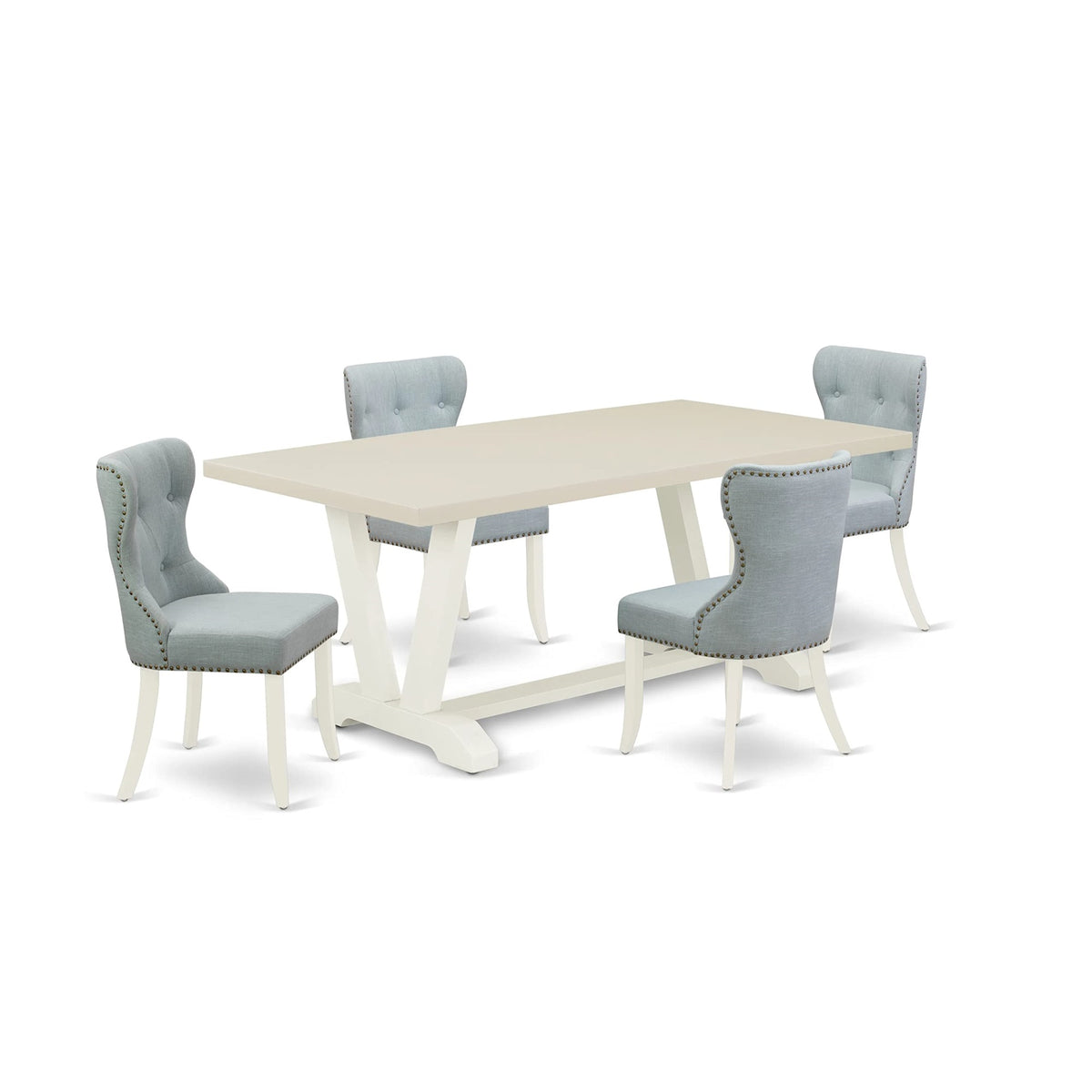 East West Furniture V027Si215-5 V-Style 5 Piece Dining Set For 4 Includes A Rectangle Kitchen Table With V-Legs And 4 Baby Blue Linen Fabric Upholstered Chairs, 40X72 Inch