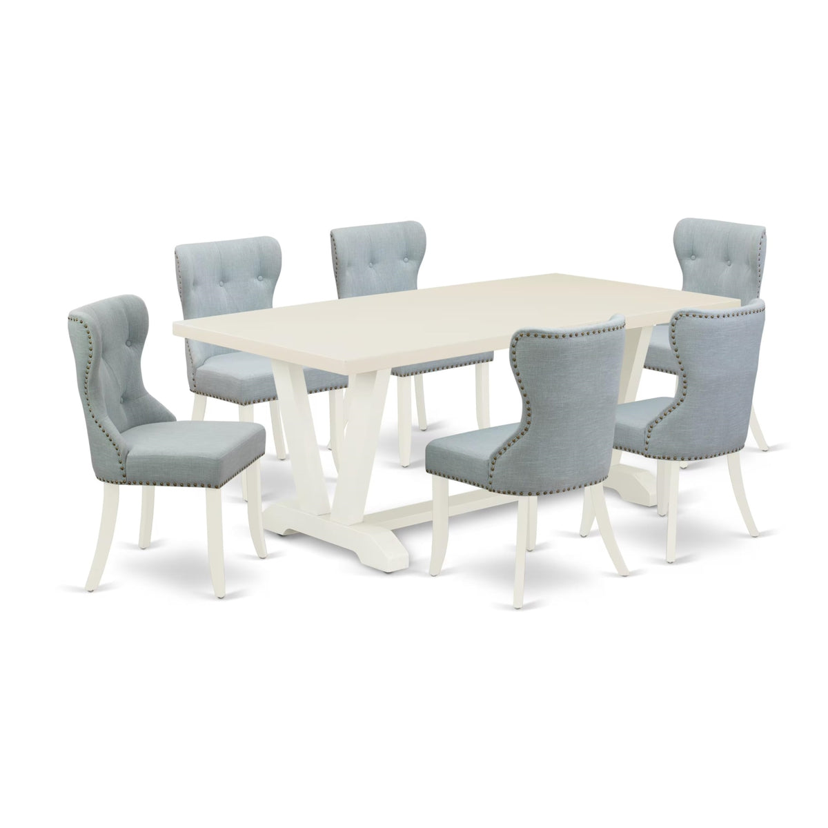 Casafoyer V-Style 7 Piece Room Set Consist Of A Rectangle Kitchen Table With V-Legs And 6 Baby Blue Linen Fabric Parson Dining Chairs, 40X72 Inch, Multi-Color