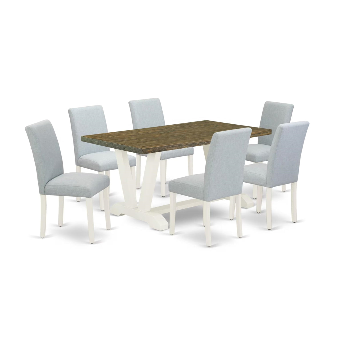Casafoyer V076Ab015-7 7 Piece Dining Table Set Consist Of A Rectangle Dining Room Table With V-Legs And 6 Baby Blue Linen Fabric Parsons Chairs, 36X60 Inch, Multi-Color