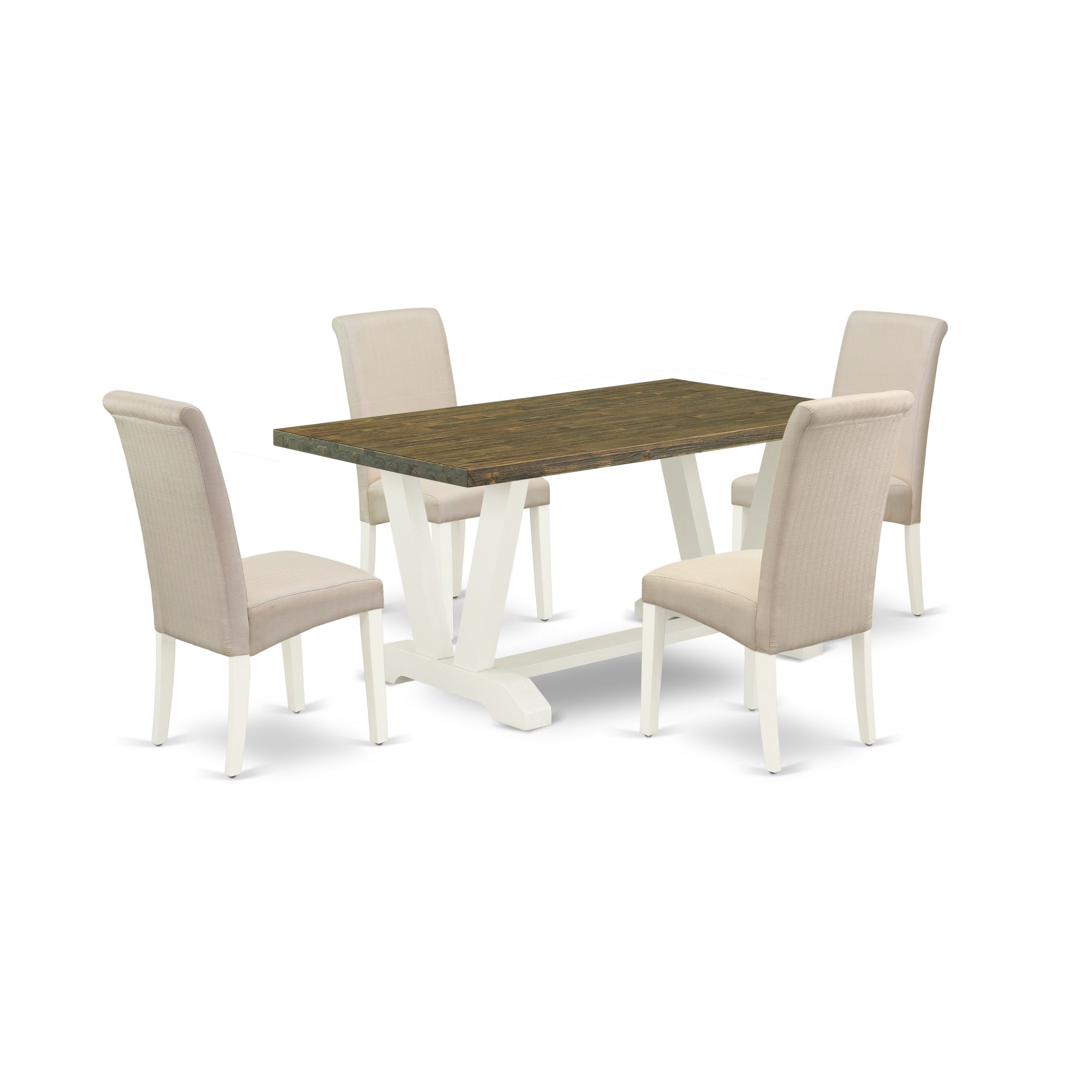 East West Furniture 5-Piece Gorgeous Dinette Set A Good Distressed Jacobean Kitchen Rectangular Table Top And 4 Attractive Linen Fabric Parson Chairs With High Roll Chair Back, Linen White Finish