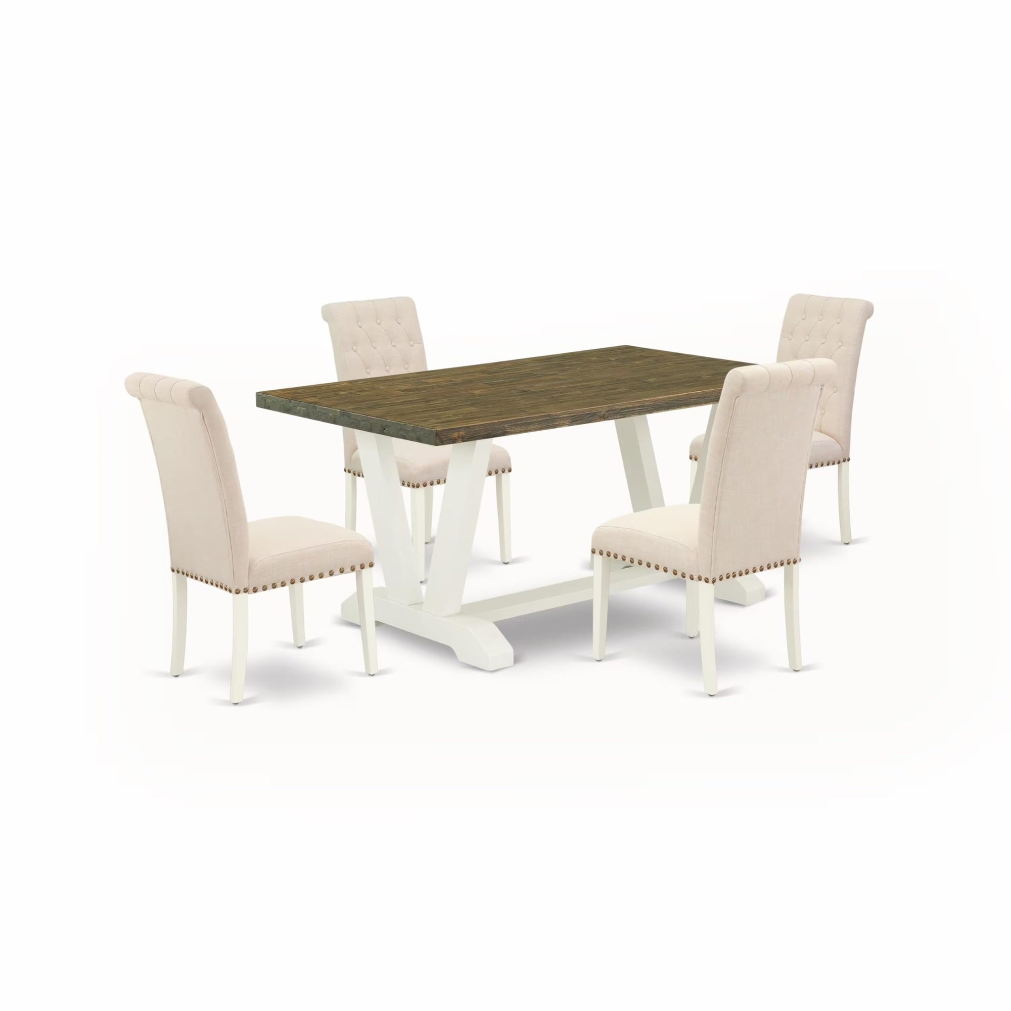 Casafoyer V076Br202-5 5 Piece Dinette Set For 4 Includes A Rectangle Dining Table With V-Legs And 4 Light Beige Linen Fabric Parson Dining Room Chairs, 36X60 Inch, Multi-Color