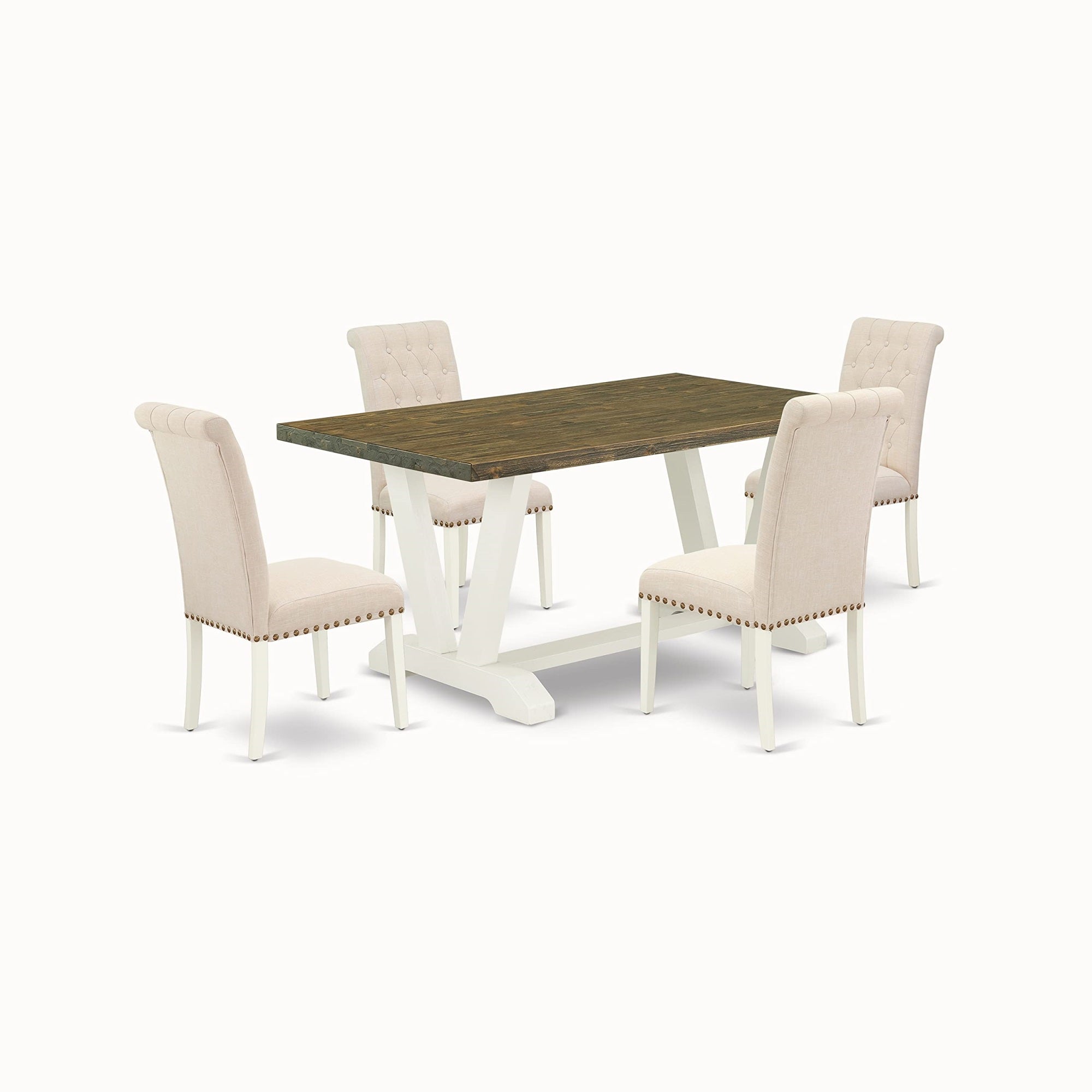 East West Furniture V076Br202-5 V-Style 5 Piece Dinette Set For 4 Includes A Rectangle Table With V-Legs And 4 Light Beige Linen Fabric Parson Dining Room Chairs, 36X60 Inch