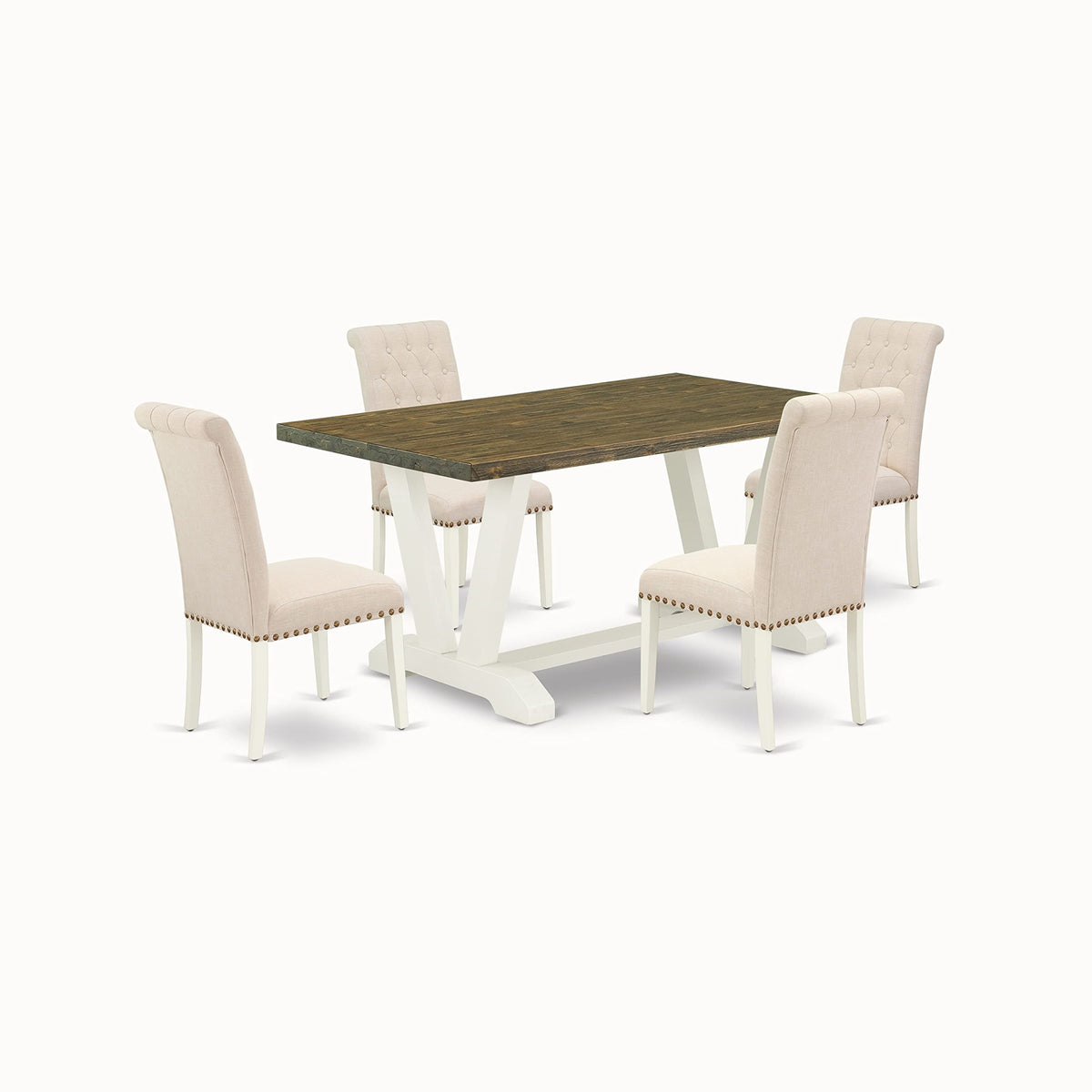 East West Furniture V076Br202-5 V-Style 5 Piece Dinette Set For 4 Includes A Rectangle Table With V-Legs And 4 Light Beige Linen Fabric Parson Dining Room Chairs, 36X60 Inch