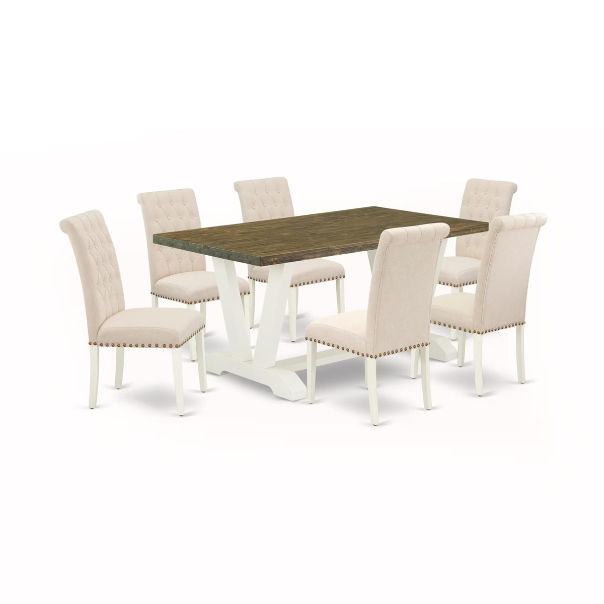 Casafoyer V076Br202-7 7 Piece Dining Table Set Consist Of A Rectangle Dining Room Table With V-Legs And 6 Light Beige Linen Fabric Upholstered Chairs, 36X60 Inch, Multi-Color