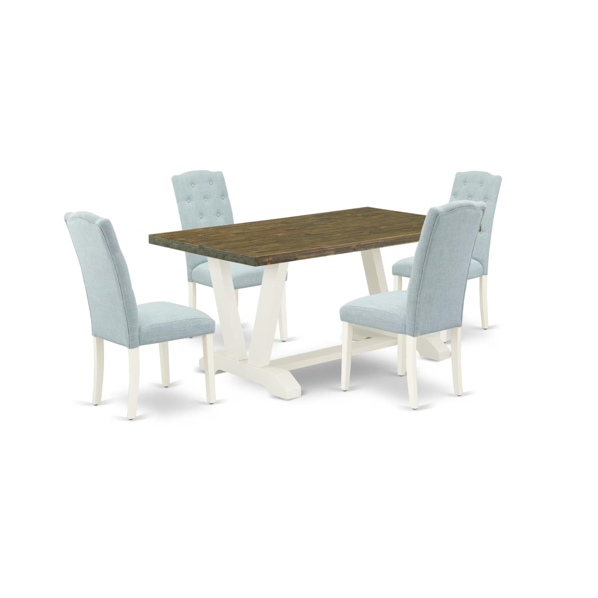 Casafoyer V076Ce215-5 5 Piece Modern Dining Table Set Includes A Rectangle Wooden Table With V-Legs And 4 Baby Blue Linen Fabric Parson Dining Chairs, 36X60 Inch, Multi-Color