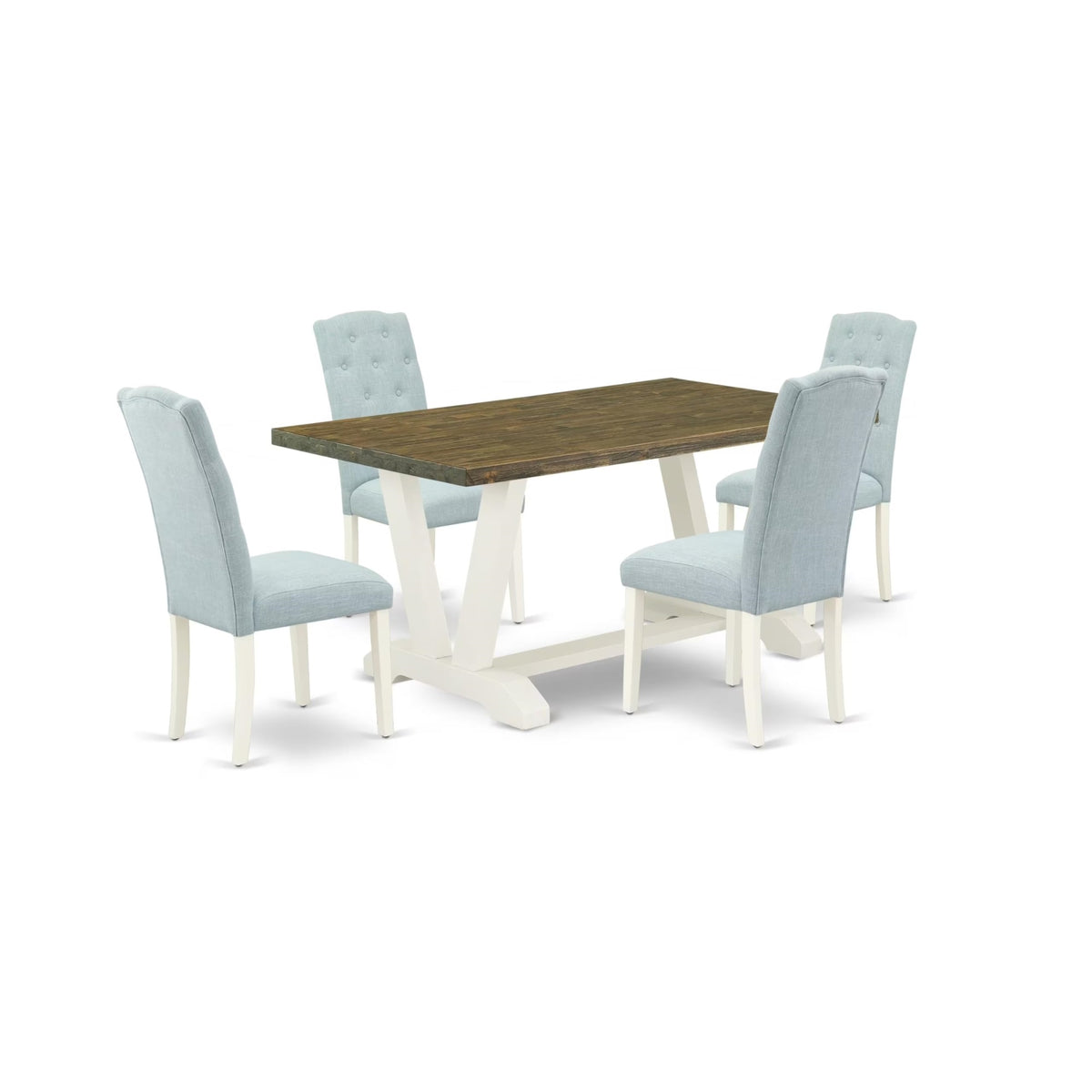 Casafoyer V076Ce215-5 5 Piece Modern Dining Table Set Includes A Rectangle Wooden Table With V-Legs And 4 Baby Blue Linen Fabric Parson Dining Chairs, 36X60 Inch, Multi-Color