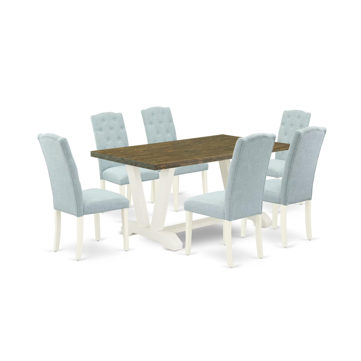 Casafoyer V-Style 7 Piece Modern Set Consist Of A Rectangle Wooden Table With V-Legs And 6 Baby Blue Linen Fabric Parson Dining Chairs, 36X60 Inch, V076Ce215-7