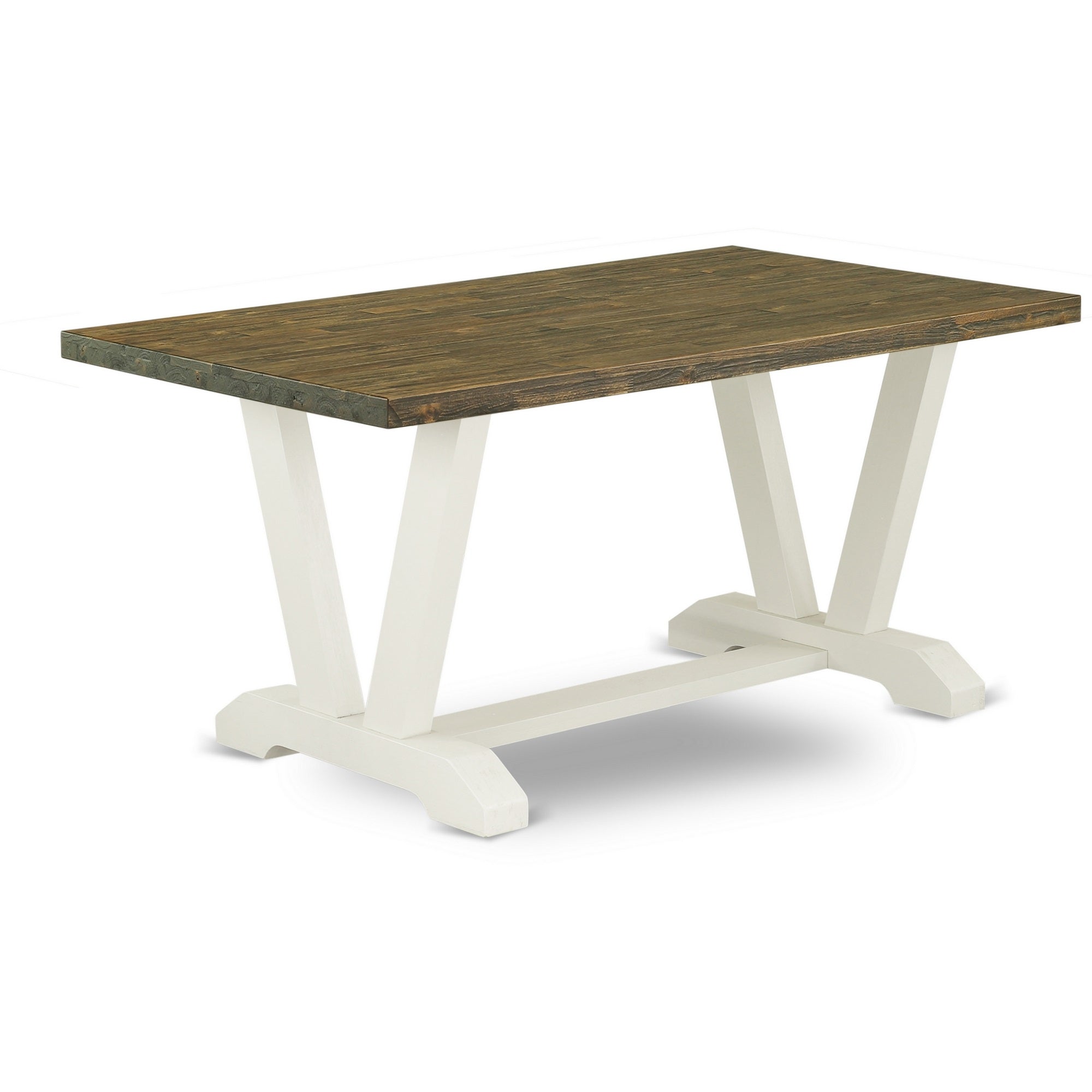 Ergode V076Ce215-7 7-Pc Dining Table Set - 6 Chairs With Baby Blue Linen Seat - Rectangular Table Top & Wooden Legs - Distressed Jacobean & Linen White Finish