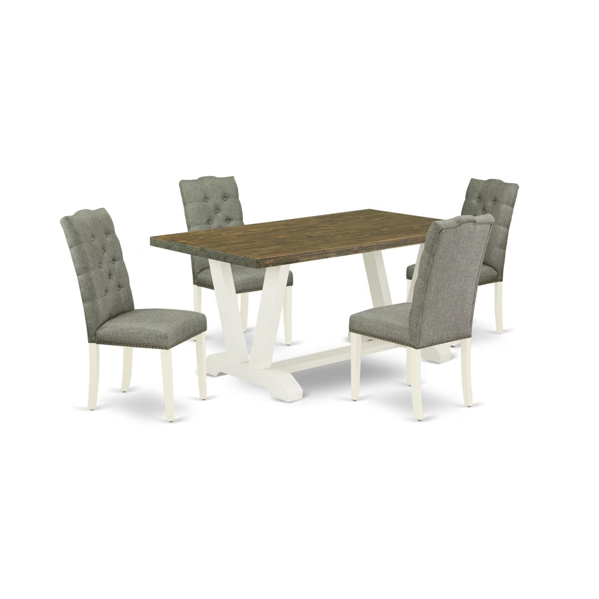 Casafoyer V076El207-5 5 Piece Dinette Set Includes A Rectangle Dining Room Table With V-Legs And 4 Gray Linen Fabric Upholstered Parson Chairs, 36X60 Inch, Multi-Color
