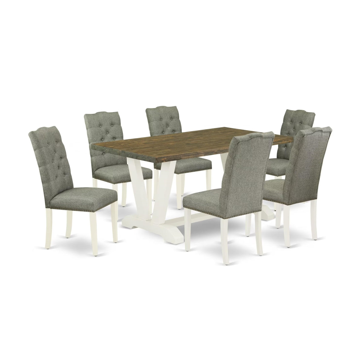 Casafoyer V076El207-7 7 Piece Dining Room Furniture Set Consist Of A Rectangle Dining Table With V-Legs And 6 Gray Linen Fabric Parsons Chairs, 36X60 Inch, Multi-Color