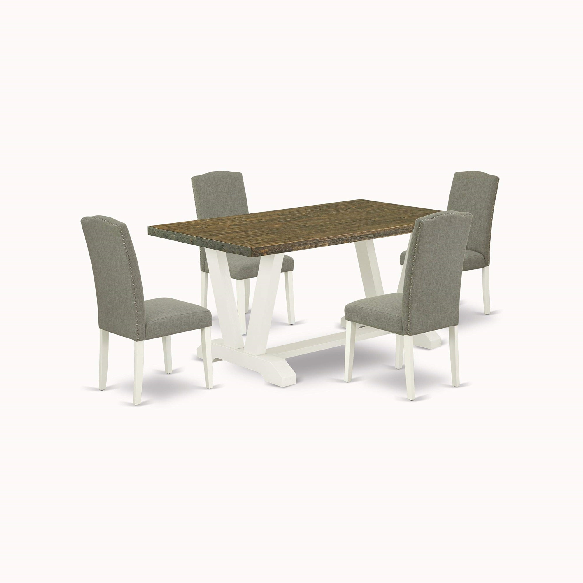 East West Furniture V076En206-5 V-Style 5 Piece Dinette Set Includes A Rectangle Table With V-Legs And 4 Dark Shitake Linen Fabric Parson Dining Room Chairs, 36X60 Inch