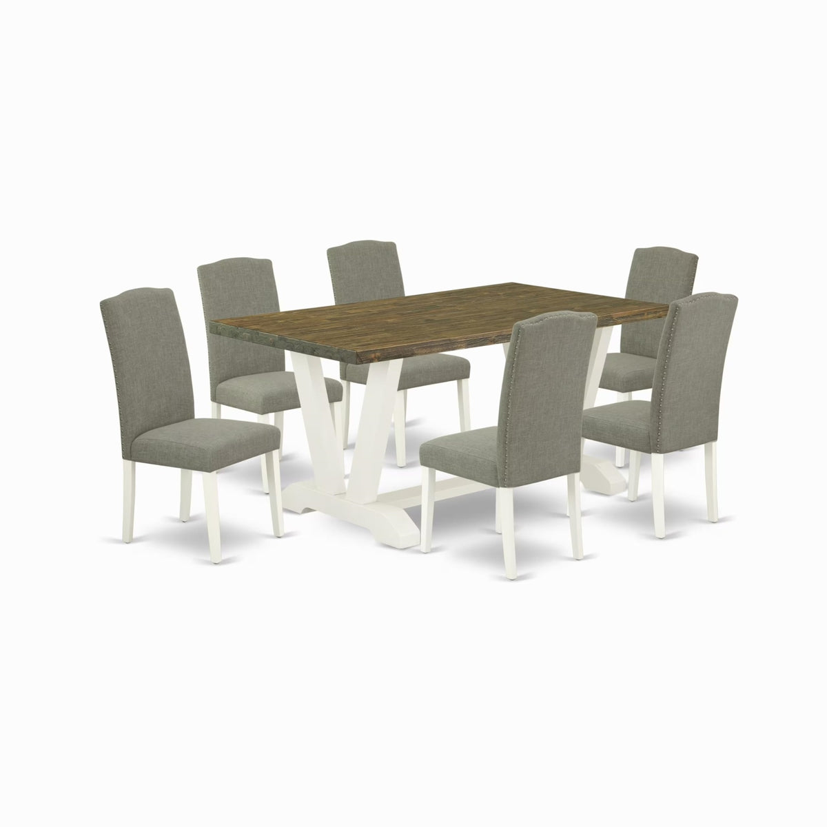 Casafoyer V-Style 7 Piece Set Consist Of A Rectangle Dining Room Table With V-Legs And 6 Dark Shitake Linen Fabric Upholstered Parson Chairs, 36X60 Inch, Multi-Color