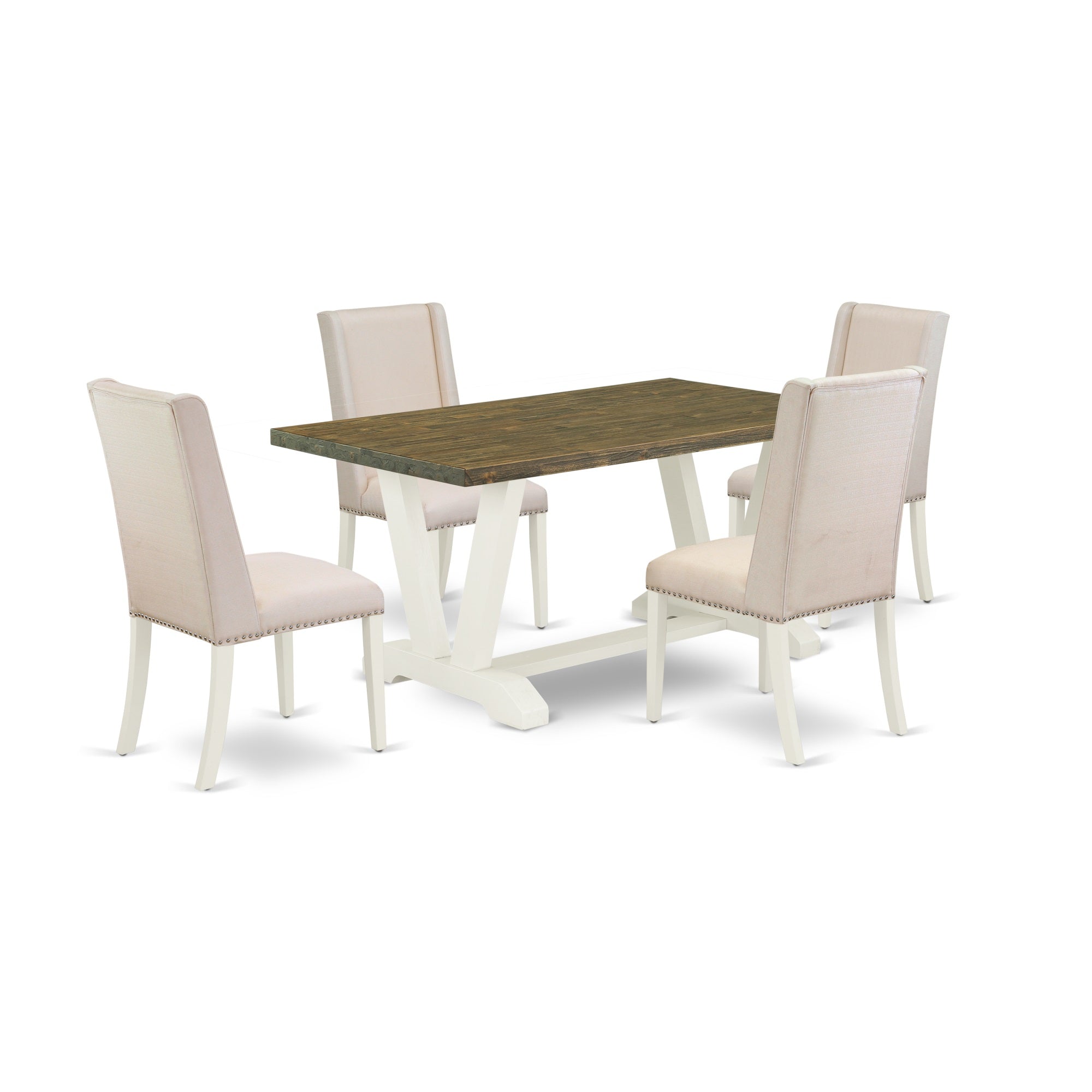 East West Furniture 5-Piece Stylish Dining Room Table Set An Excellent Distressed Jacobean Color Rectangular Dining Table Top And 4 Beautiful Linen Fabric Cream Color Kitchen Chairs With Nail Heads And Stylish Chair Back, Linen White Finish