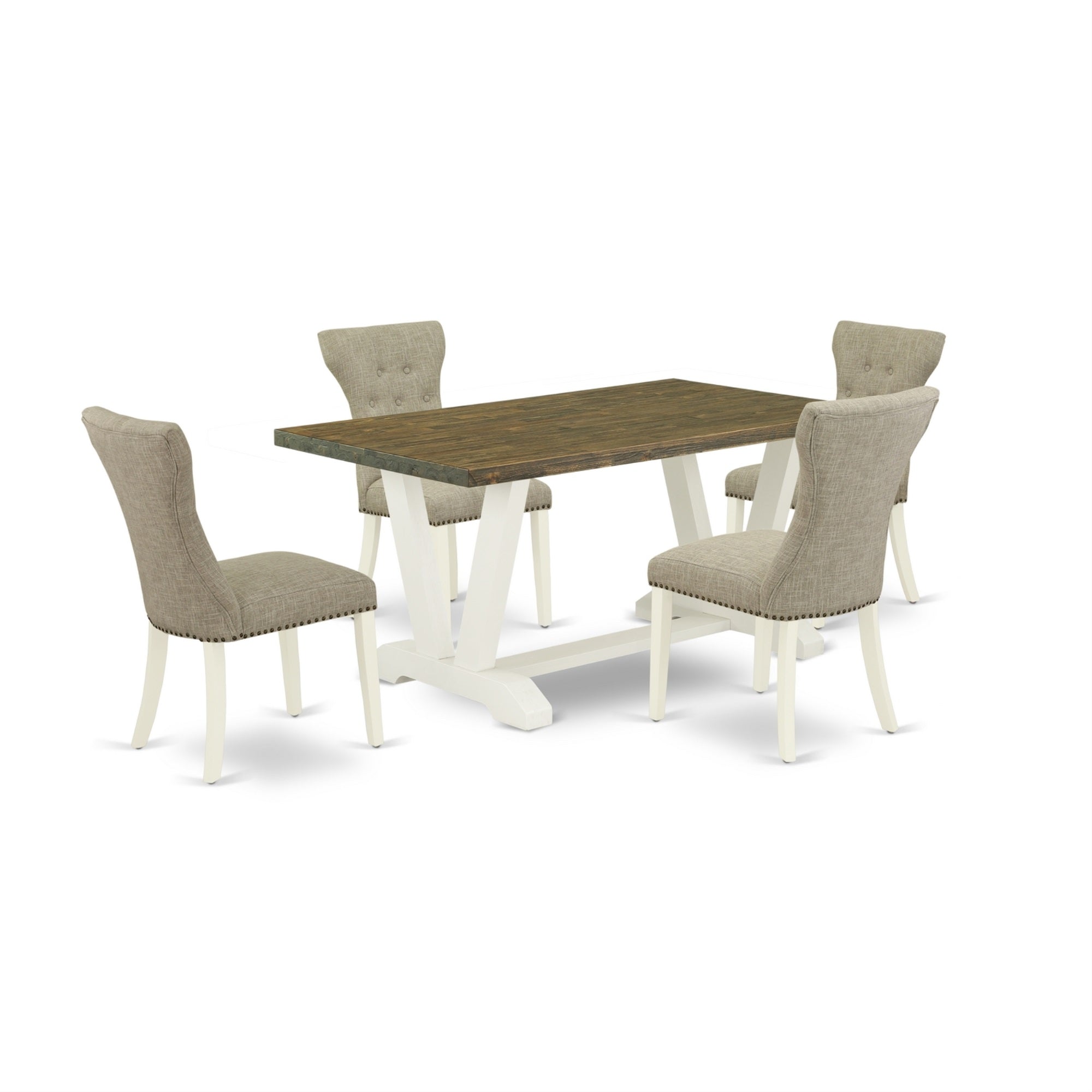 East West Furniture 5-Pc Rectangular Dinette Set Included 4 Parson Dining Chairs Upholstered Nails Head Seat And High Button Tufted Chair Back And Rectangular Table With Distressed Jacobean Dining Room Table Top - Linen White Finish