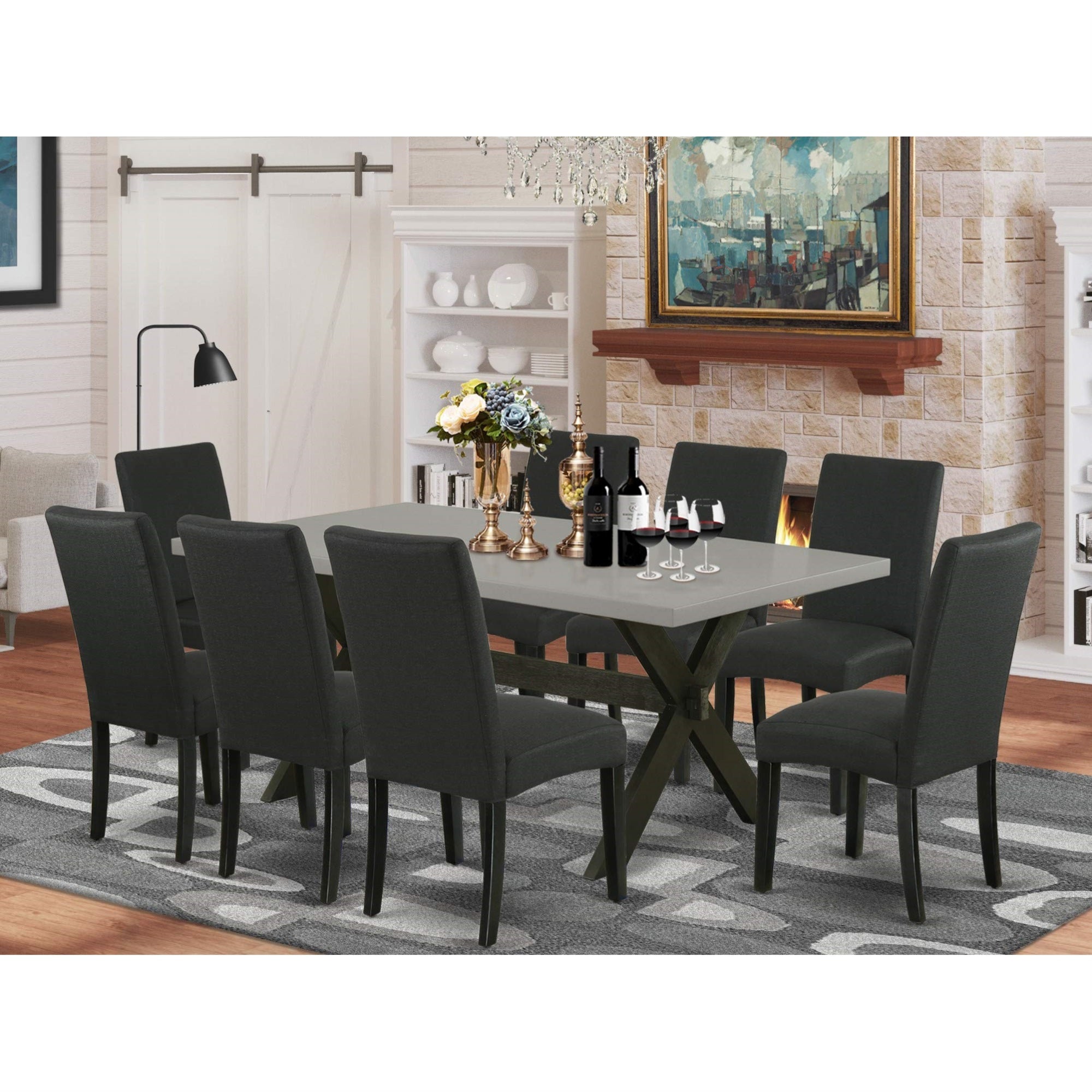 Casafoyer X697Dr124-9 9 Piece Modern Dining Table Set Includes A Rectangle Wooden Table With X-Legs And 8 Black Color Linen Fabric Upholstered Chairs, 40X72 Inch, Multi-Color