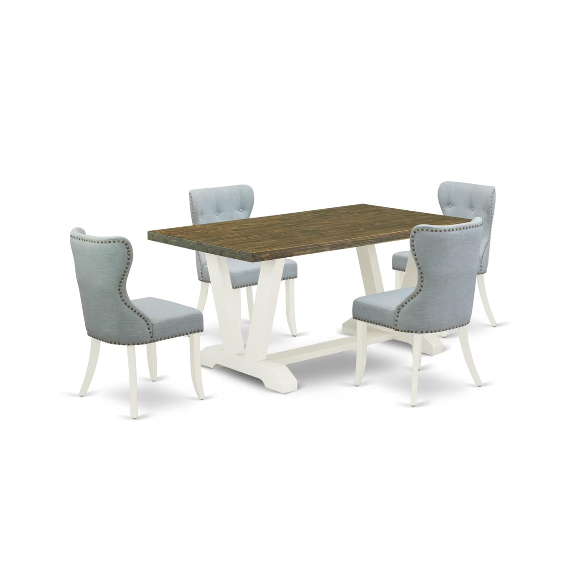 Casafoyer V-Style 5 Piece Room Furniture Set Includes A Rectangle Dining Table With V-Legs And 4 Baby Blue Linen Fabric Upholstered Chairs, 36X60 Inch, Multi-Color