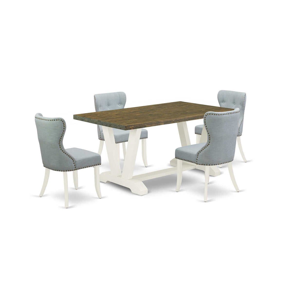 East West Furniture V076Si215-5 V-Style 5 Piece Room Furniture Set Includes A Rectangle Dining Table With V-Legs And 4 Baby Blue Linen Fabric Upholstered Chairs, 36X60 Inch