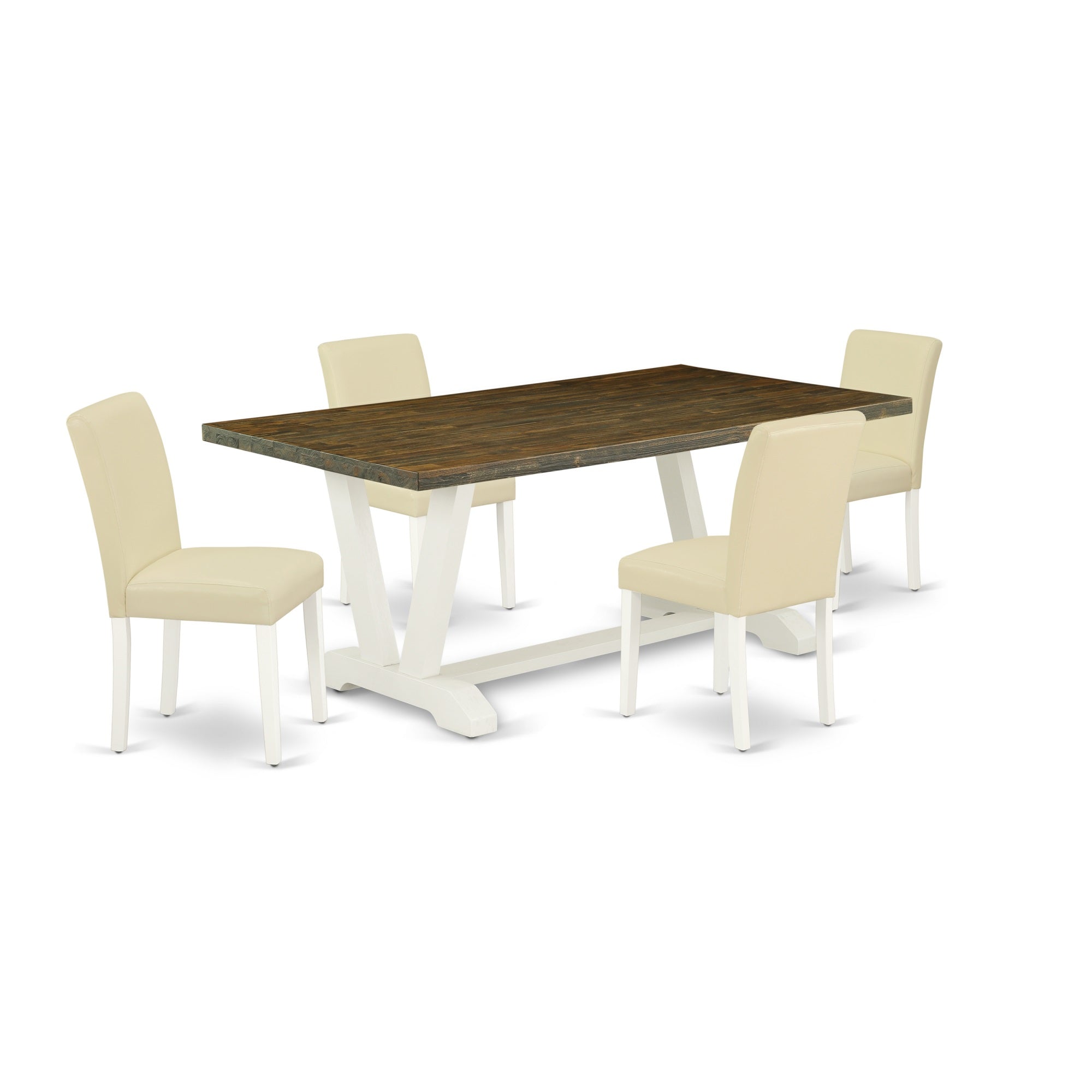 East West Furniture V077Ab264-5 5-Piece Modern Dining Room Set A Good Distressed Jacobean Dining Table Top And 4 Wonderful Pu Leather Parson Dining Room Chairs With Stylish Chair Back, Linen White Finish