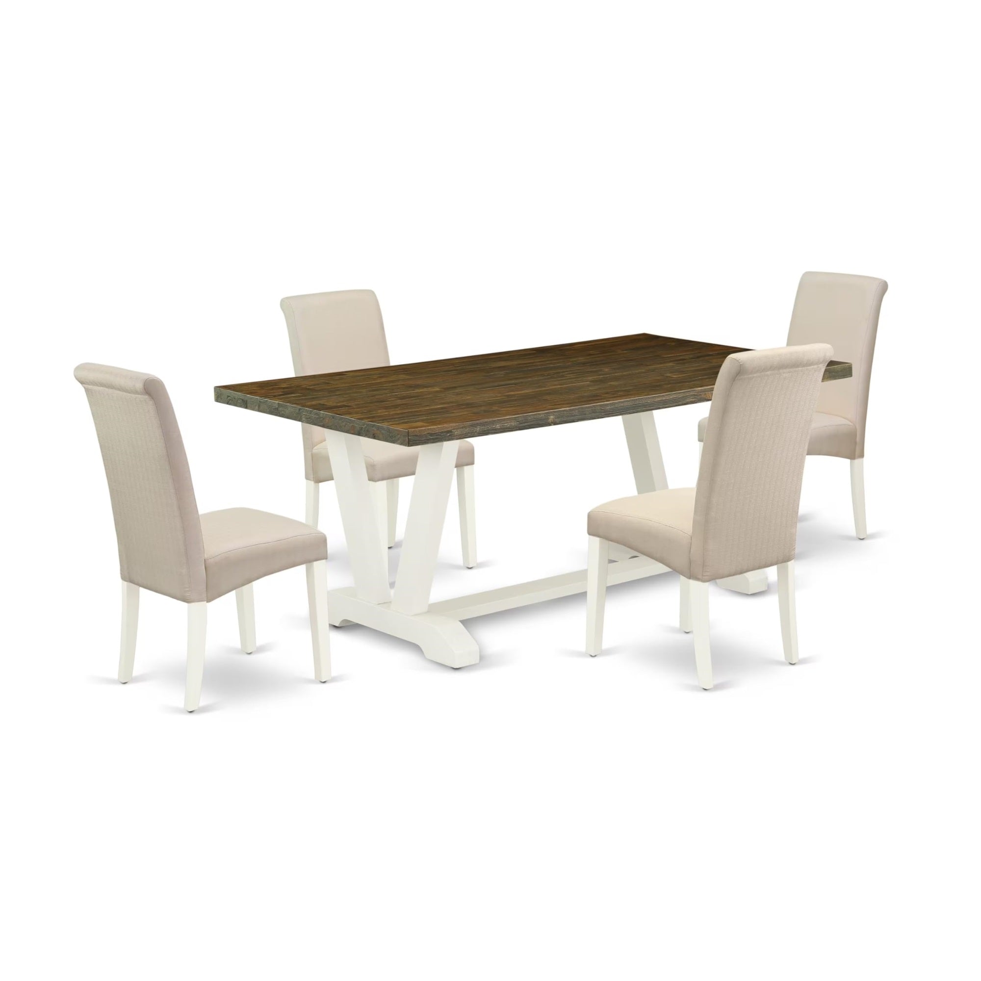 Casafoyer V077Ba201-5 5 Piece Kitchen Table Set For 4 Includes A Rectangle Dining Room Table With V-Legs And 4 Cream Linen Fabric Upholstered Chairs, 40X72 Inch, Multi-Color