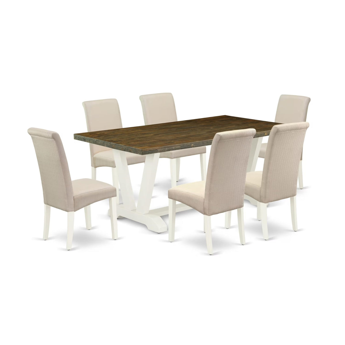 Casafoyer V-Style 7 Piece Room Set Consist Of A Rectangle Dining Table With V-Legs And 6 Cream Linen Fabric Upholstered Parson Chairs, 40X72 Inch, V077Ba201-7