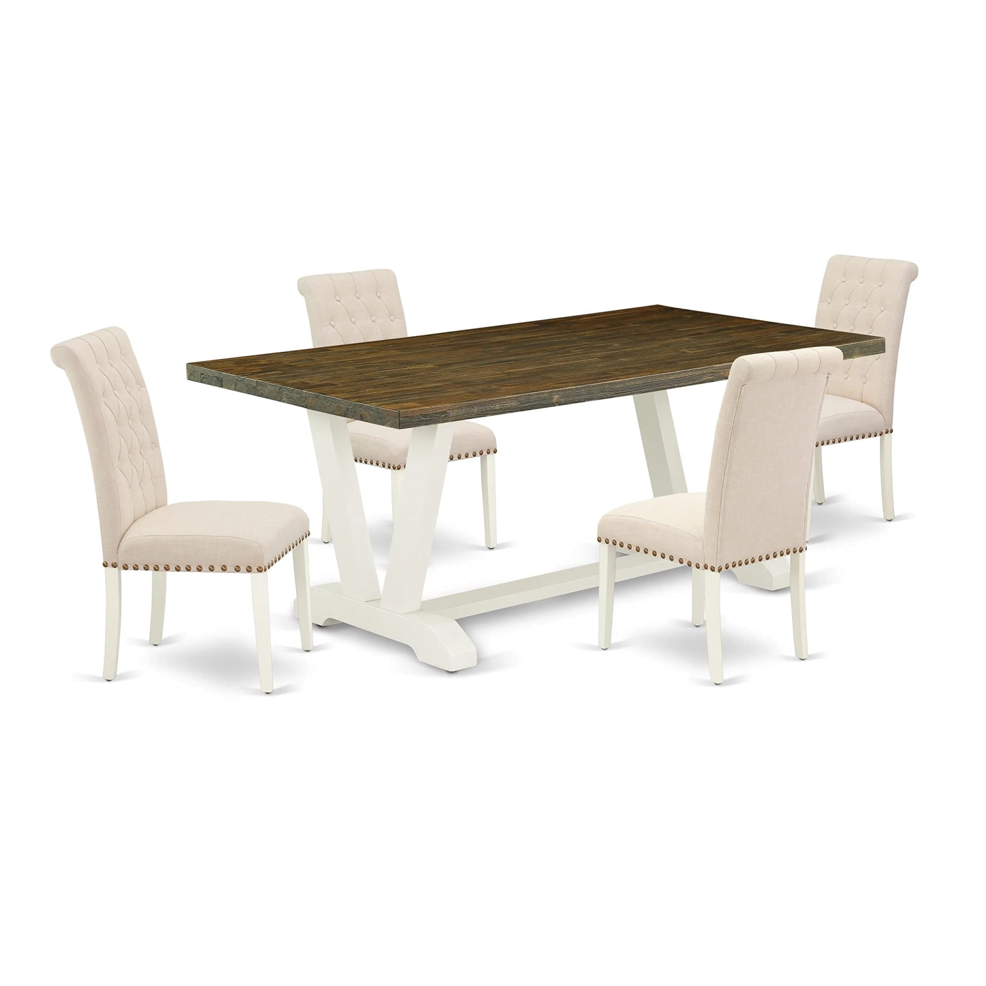 Ergode 5-Pc Kitchen Set, Linen White Table, 4 Light Beige Chairs, Asian Wood, 300 Lbs Weight Capacity, Easy Assembly, Ideal For Home Parties