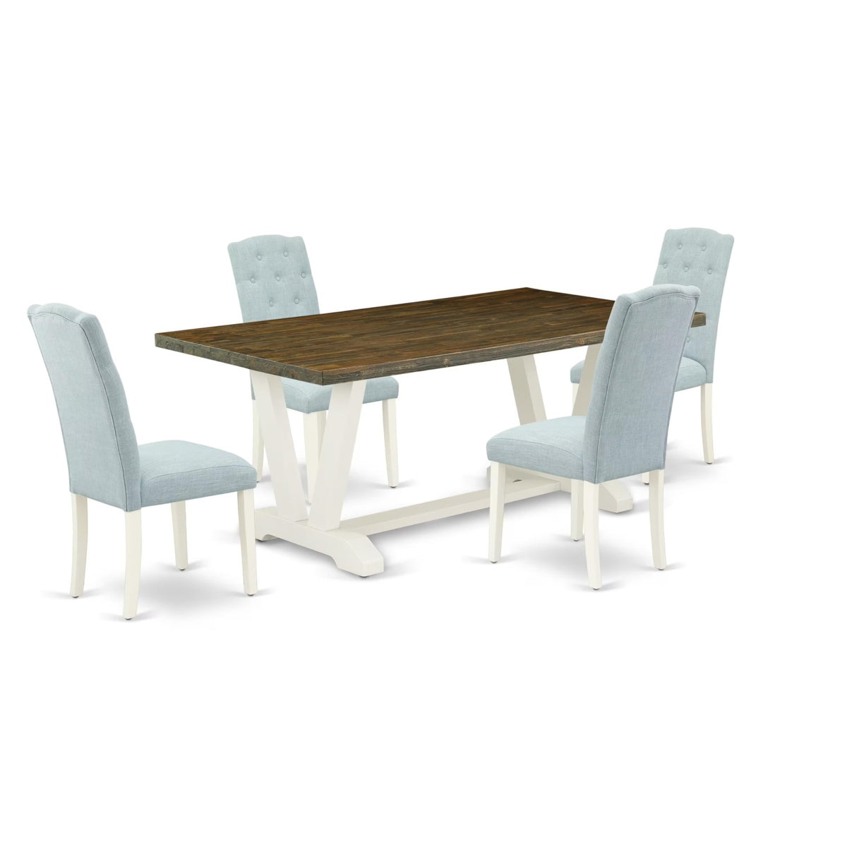 Casafoyer V077Ce215-5 5 Piece Modern Dining Table Set Includes A Rectangle Wooden Table With V-Legs And 4 Baby Blue Linen Fabric Upholstered Chairs, 40X72 Inch, Multi-Color