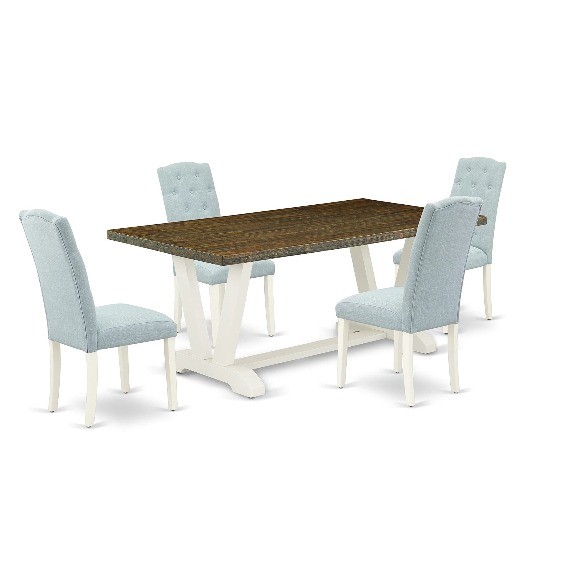 Ergode V077Ce215-5, 5-Piece Dining Set, Rectangle Wooden Table With V-Legs, 4 Baby Blue Linen Fabric Chairs, 40X72 Inch