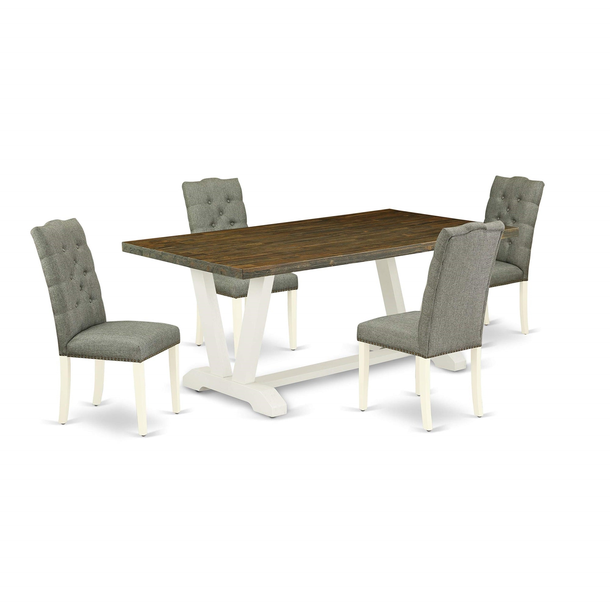 Ergode V077El207-5, 5-Piece Dining Table Set, Rectangle Table With V-Legs, 4 Linen Fabric Chairs, Easy Assembly, High-Quality Materials, Distressed Jacobean Top, 72X40X30' Table, 24.5X19X40.5' Chairs