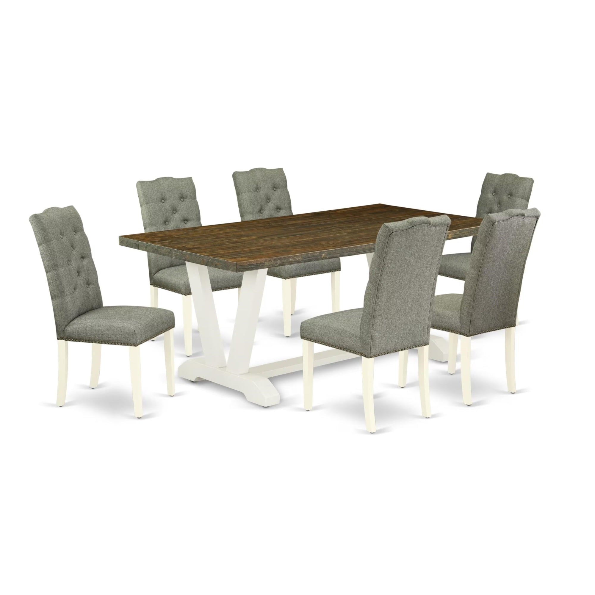 Casafoyer V-Style 7 Piece Kitchen Set Consist Of A Rectangle Table With V-Legs And 6 Gray Linen Fabric Parson Dining Room Chairs, 40X72 Inch, V077El207-7