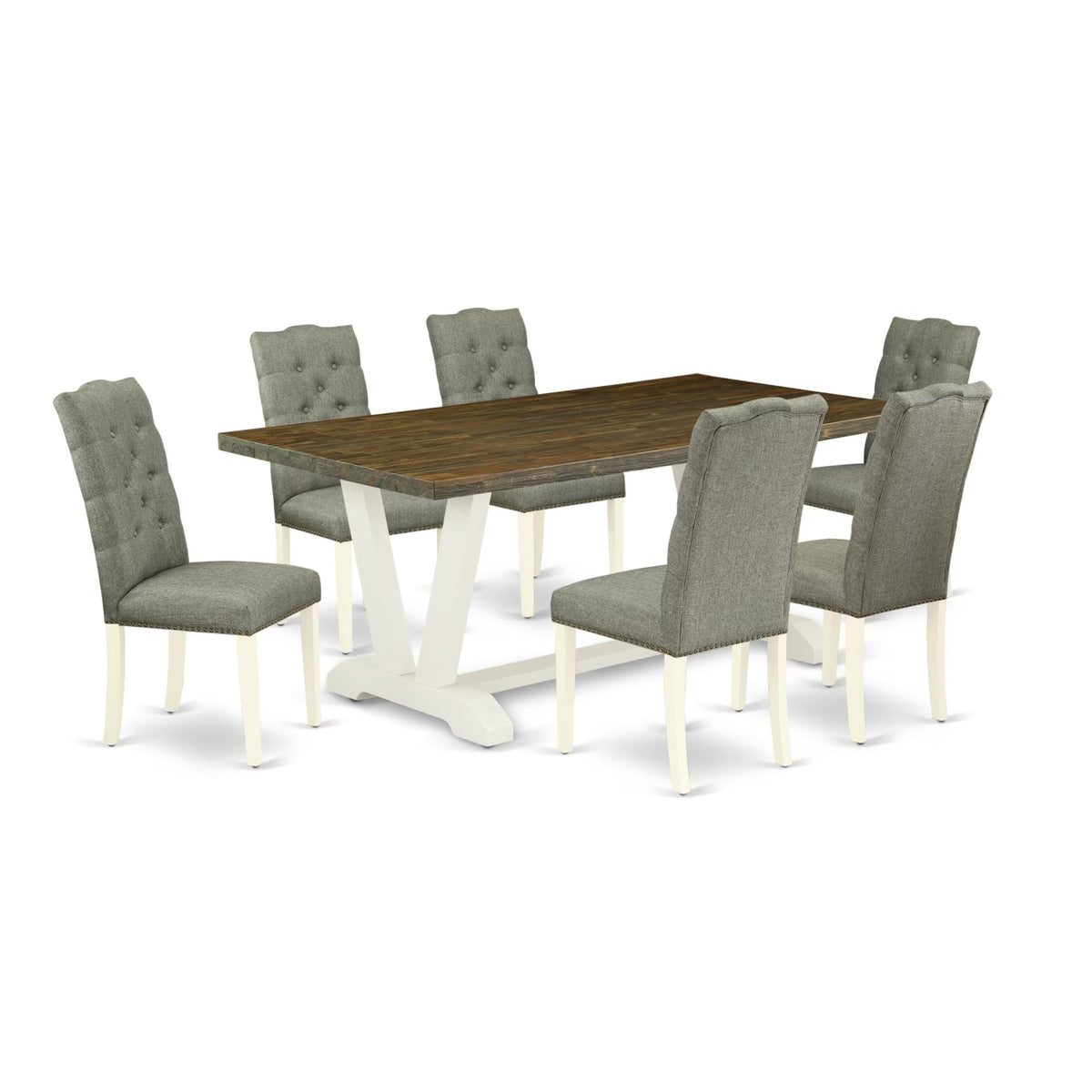 Casafoyer V-Style 7 Piece Kitchen Set Consist Of A Rectangle Table With V-Legs And 6 Gray Linen Fabric Parson Dining Room Chairs, 40X72 Inch, V077El207-7