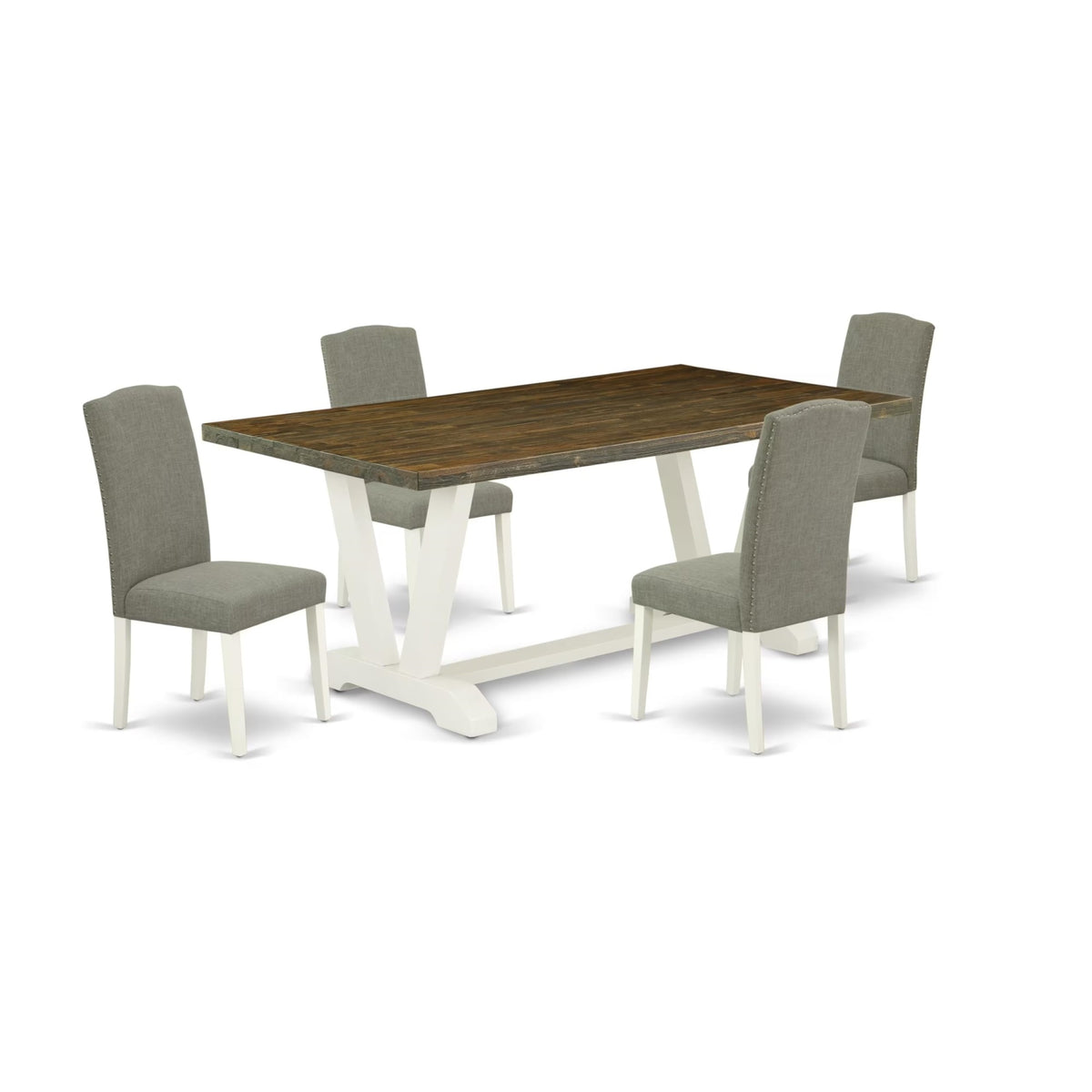 Casafoyer V077En206-5 5 Piece Modern Dining Table Set Includes A Rectangle Wooden Table With V-Legs And 4 Dark Shitake Linen Fabric Parsons Dining Chairs, 40X72 Inch, Multi-Color
