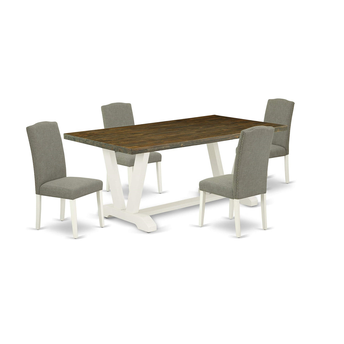 East West Furniture V077En206-5 V-Style 5 Piece Modern Set Includes A Rectangle Wooden Table With V-Legs And 4 Dark Shitake Linen Fabric Parsons Dining Chairs, 40X72 Inch