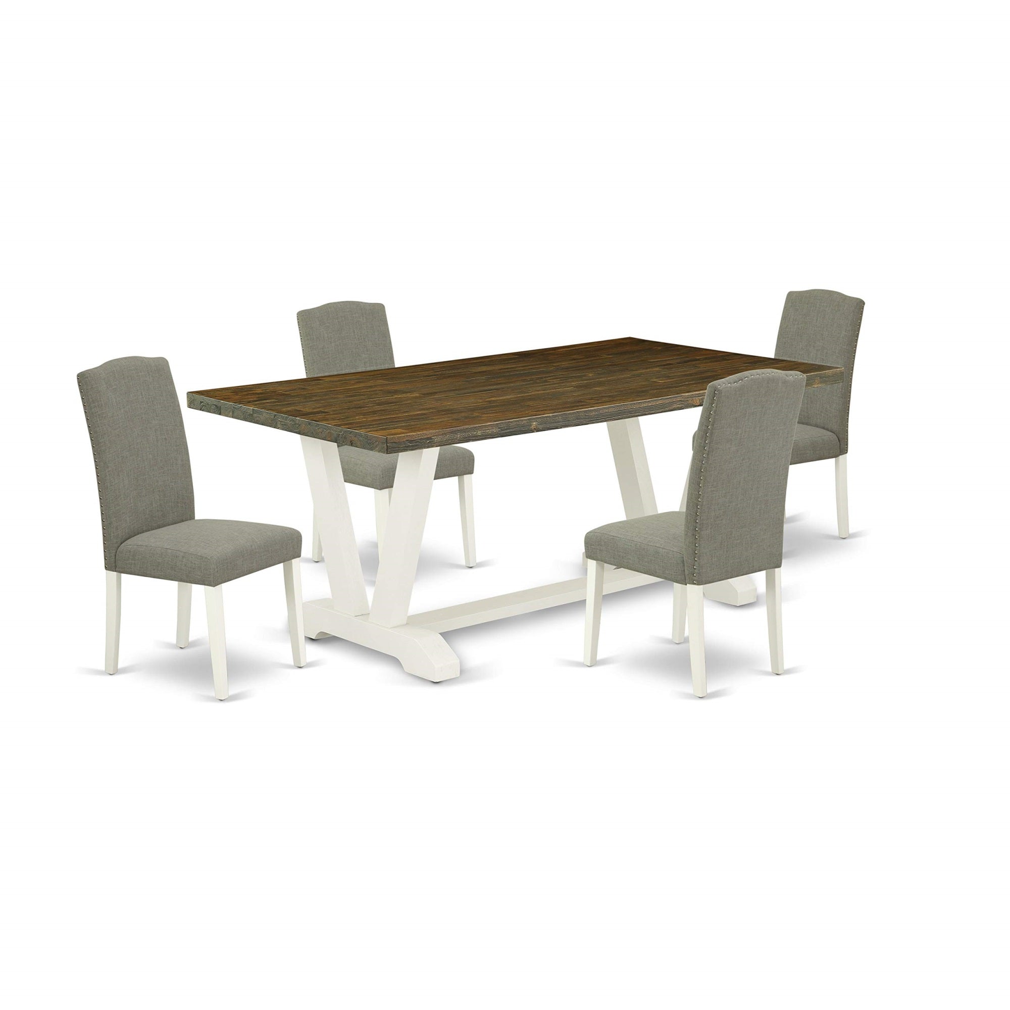 Ergode V077En206-5, 5-Piece Dining Set, Linen White Wood Table, 4 Dark Shitake Linen Fabric Chairs, High-Quality Asian Wood, Easy Assembly, 40X72 Inch