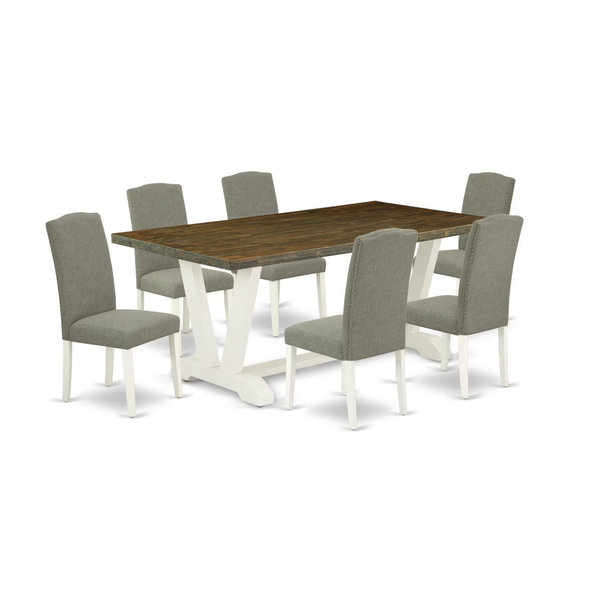 Casafoyer V-Style 7 Piece Room Furniture Set Consist Of A Rectangle Dining Table With V-Legs And 6 Dark Shitake Linen Fabric Parsons Chairs, 40X72 Inch, V077En206-7