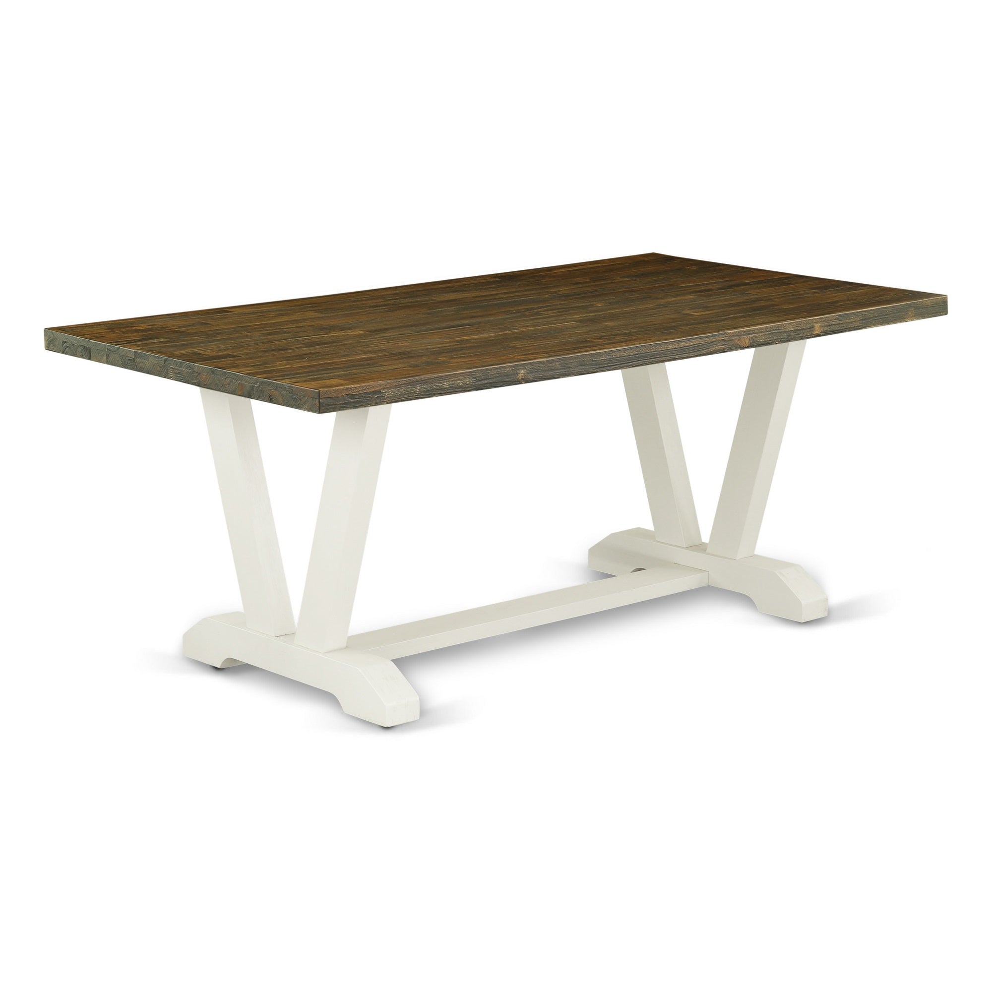 Ergode V077En206-7 7-Piece Gorgeous Dining Set - Distressed Jacobean Wood Table Top, 6 Linen Fabric Chairs With Nail Heads, Linen White Finish