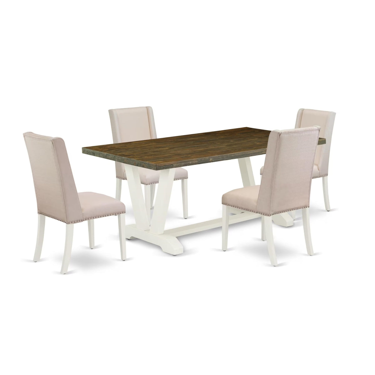 Casafoyer V-Style 5 Piece Set Includes A Rectangle Dining Room Table With V-Legs And 4 Cream Linen Fabric Upholstered Parson Chairs, 40X72 Inch, V077Fl201-5