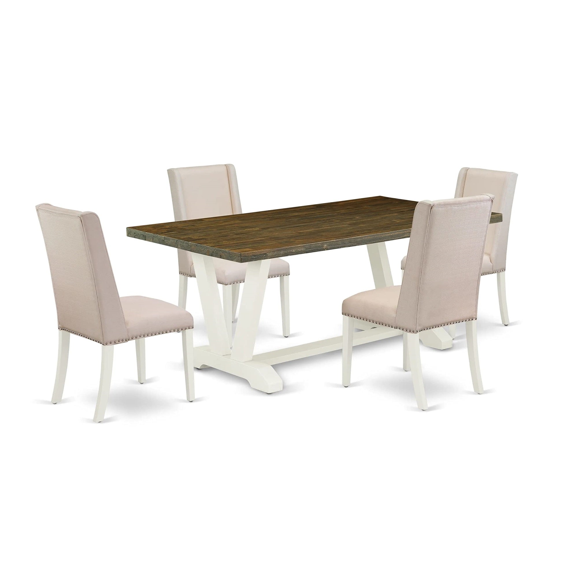 Ergode V077Fl201-5, 5-Piece Modern Dining Table Set, Linen White Finish, 4 Padded Parson Chairs, Asian Wood, 300 Lbs Capacity, Easy Assembly, Perfect For Home Parties, Sophisticated & Durable