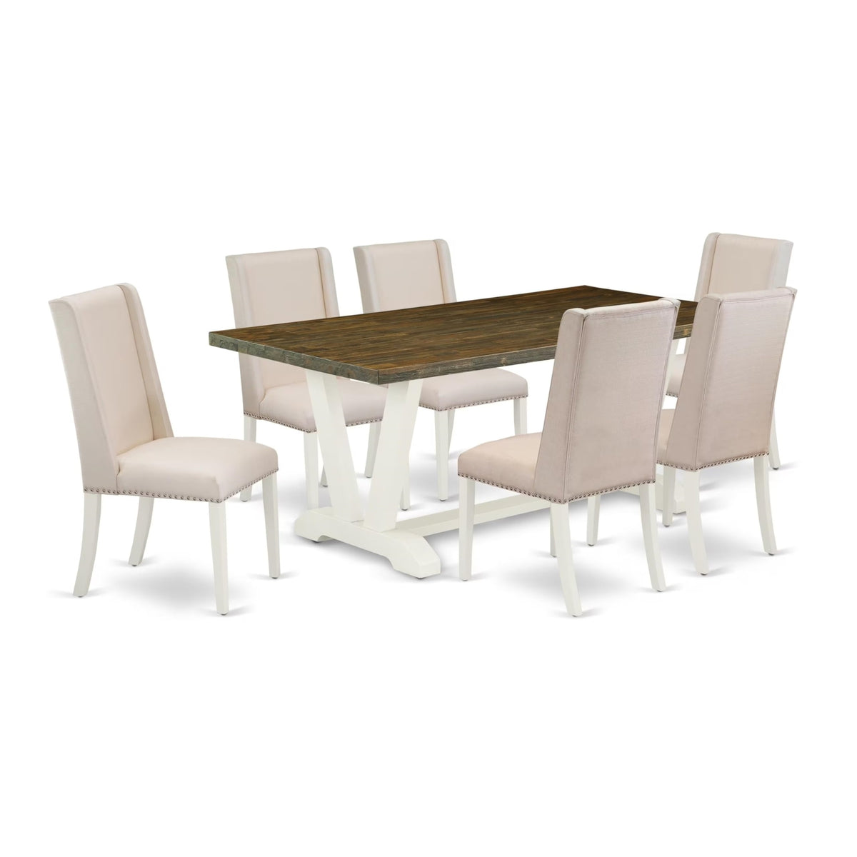 Casafoyer V-Style 7 Piece Kitchen Set Consist Of A Rectangle Table With V-Legs And 6 Cream Linen Fabric Parson Dining Chairs, 40X72 Inch, V077Fl201-7