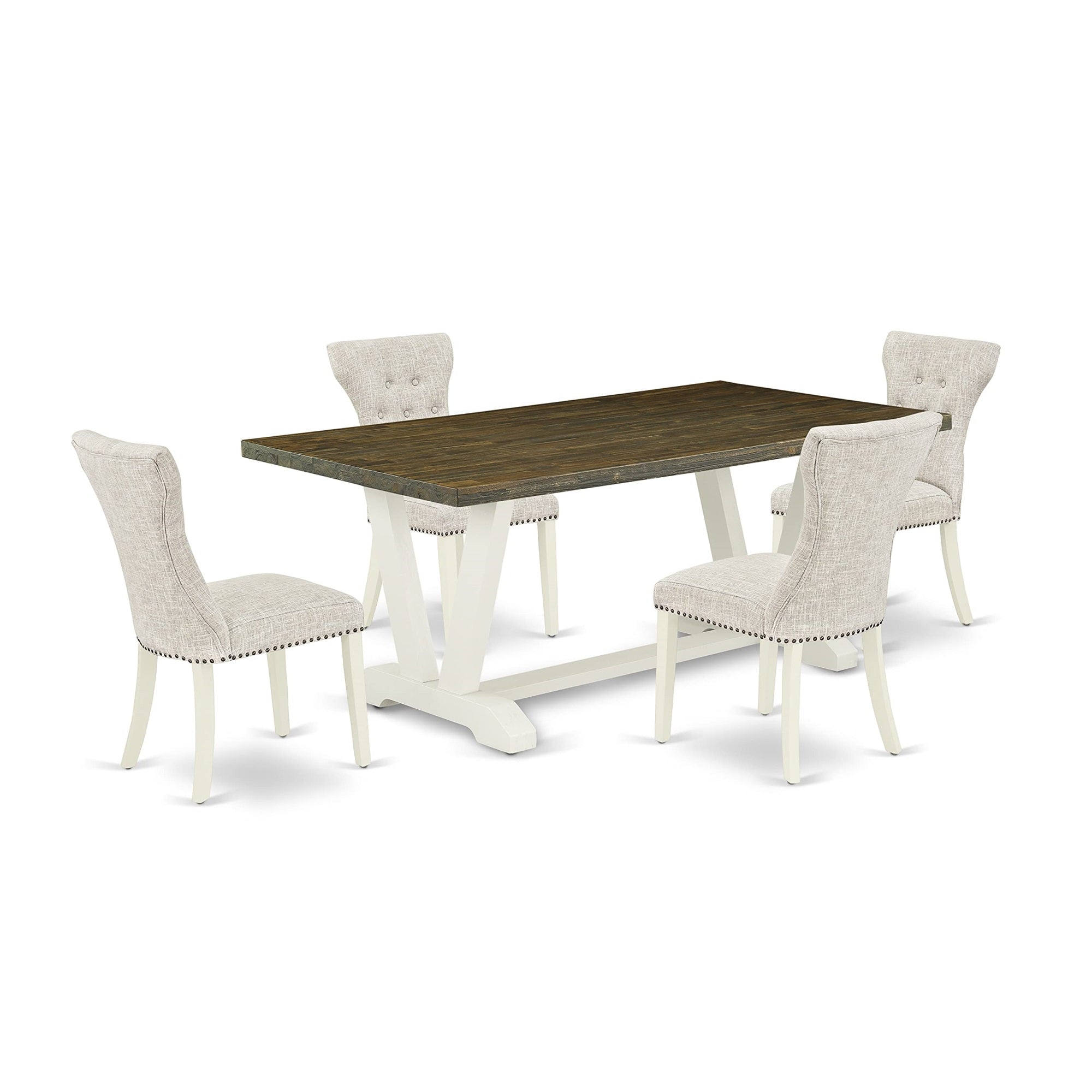 Ergode V077Ga235-5, 5-Piece Modern Dining Set, Includes 4 Chairs & 1 Rectangular Table, Linen Fabric Seats, Easy To Clean, Asian Hardwood, Linen White Color, 72X40 Inch Table, 23X18X36 Inch Chairs