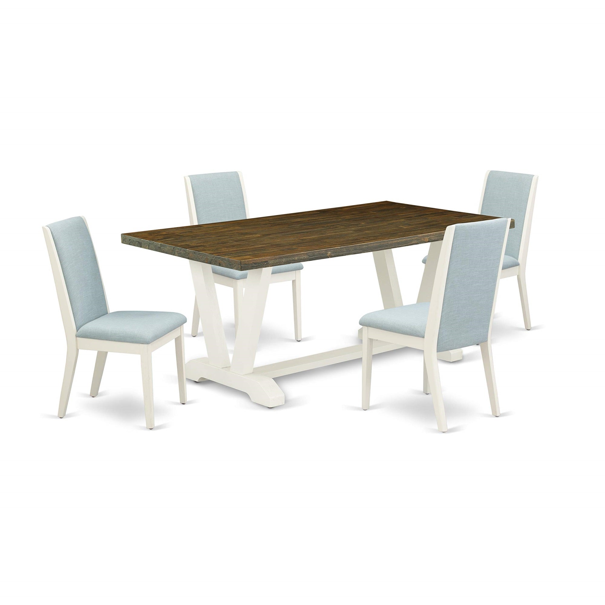 Ergode V077La015-5, 5 Piece Dining Set, Rectangle Table, V-Legs, 4 Baby Blue Linen Chairs, 40X72 Inch