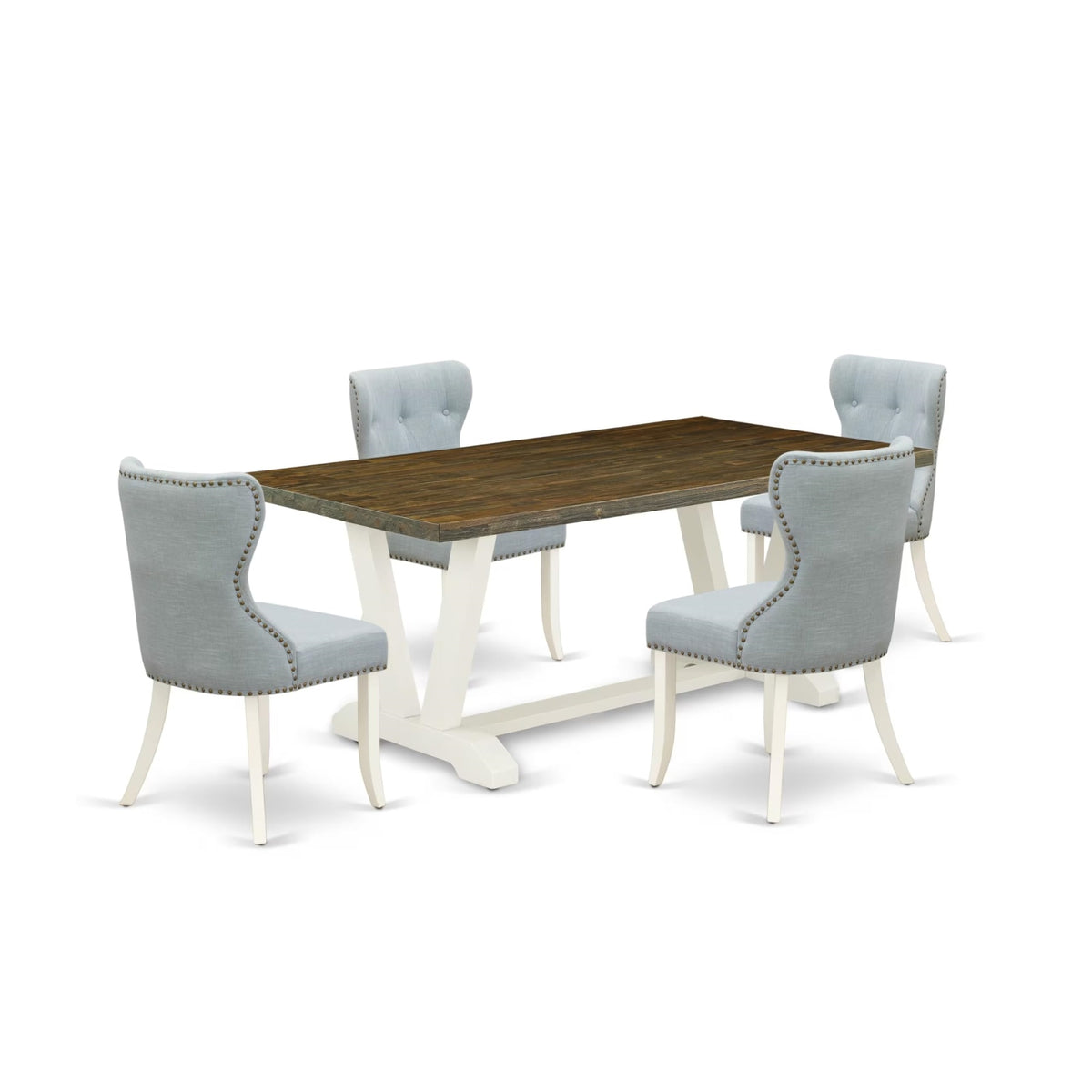 Casafoyer V-Style 5 Piece Set Includes A Rectangle Dining Room Table With V-Legs And 4 Baby Blue Linen Fabric Upholstered Parson Chairs, 40X72 Inch, Multi-Color