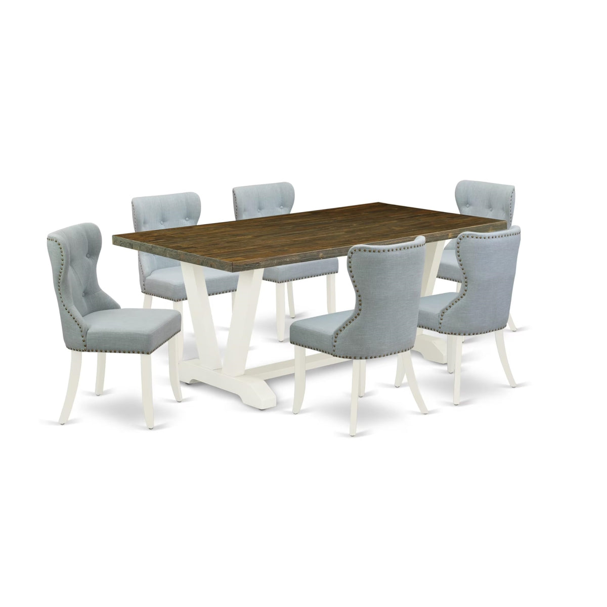Casafoyer V-Style 7 Piece Room Furniture Set Consist Of A Rectangle Dining Table With V-Legs And 6 Baby Blue Linen Fabric Parsons Chairs, 40X72 Inch, Multi-Color