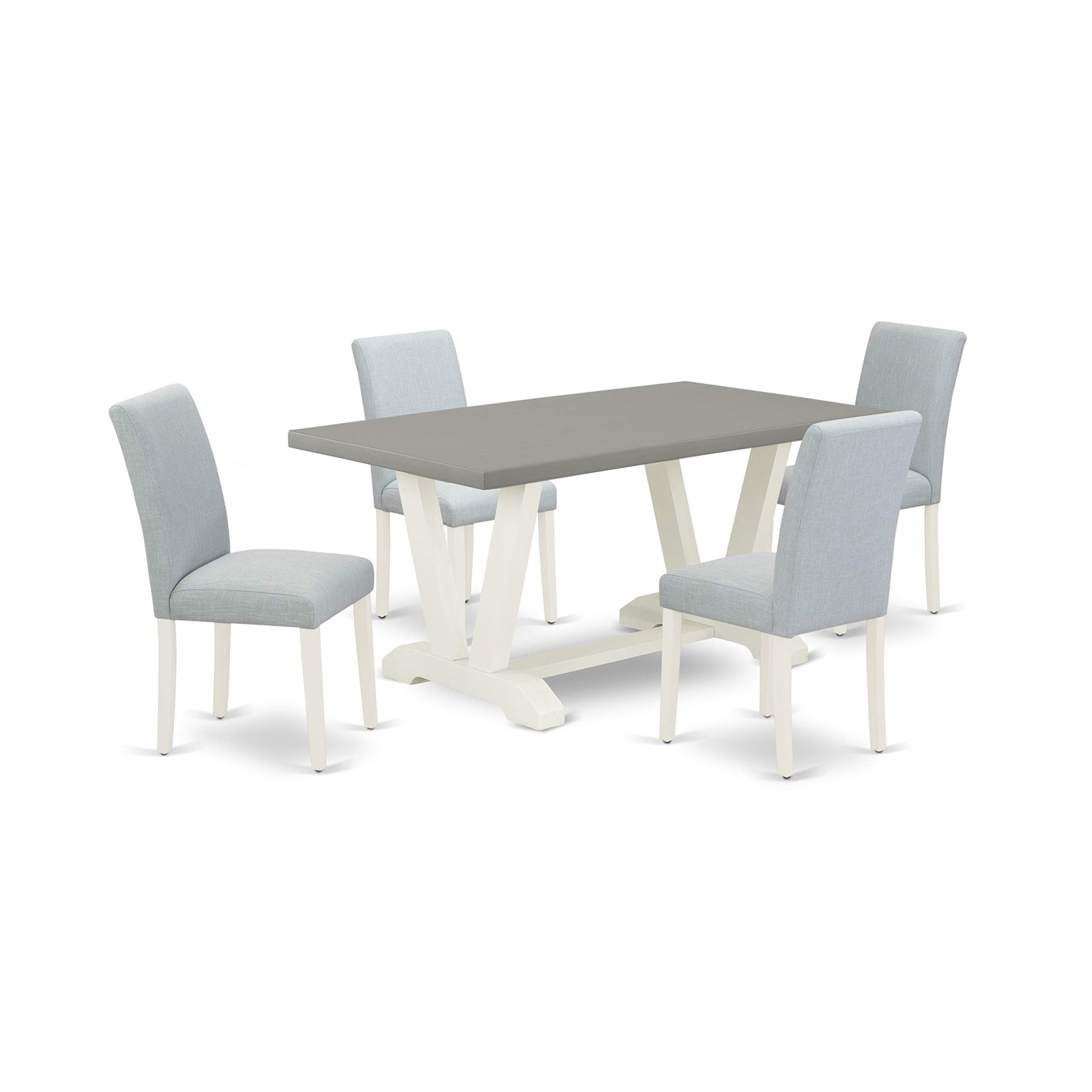 Ergode V096Ab015-5, 5-Piece Dining Room Set, Wooden Table With Rectangular Top & V-Legs, 4 Mid-Century Chairs, Baby Blue Linen Fabric, Easy Assembly & Cleaning, Versatile Style, Complete & Amazing Set
