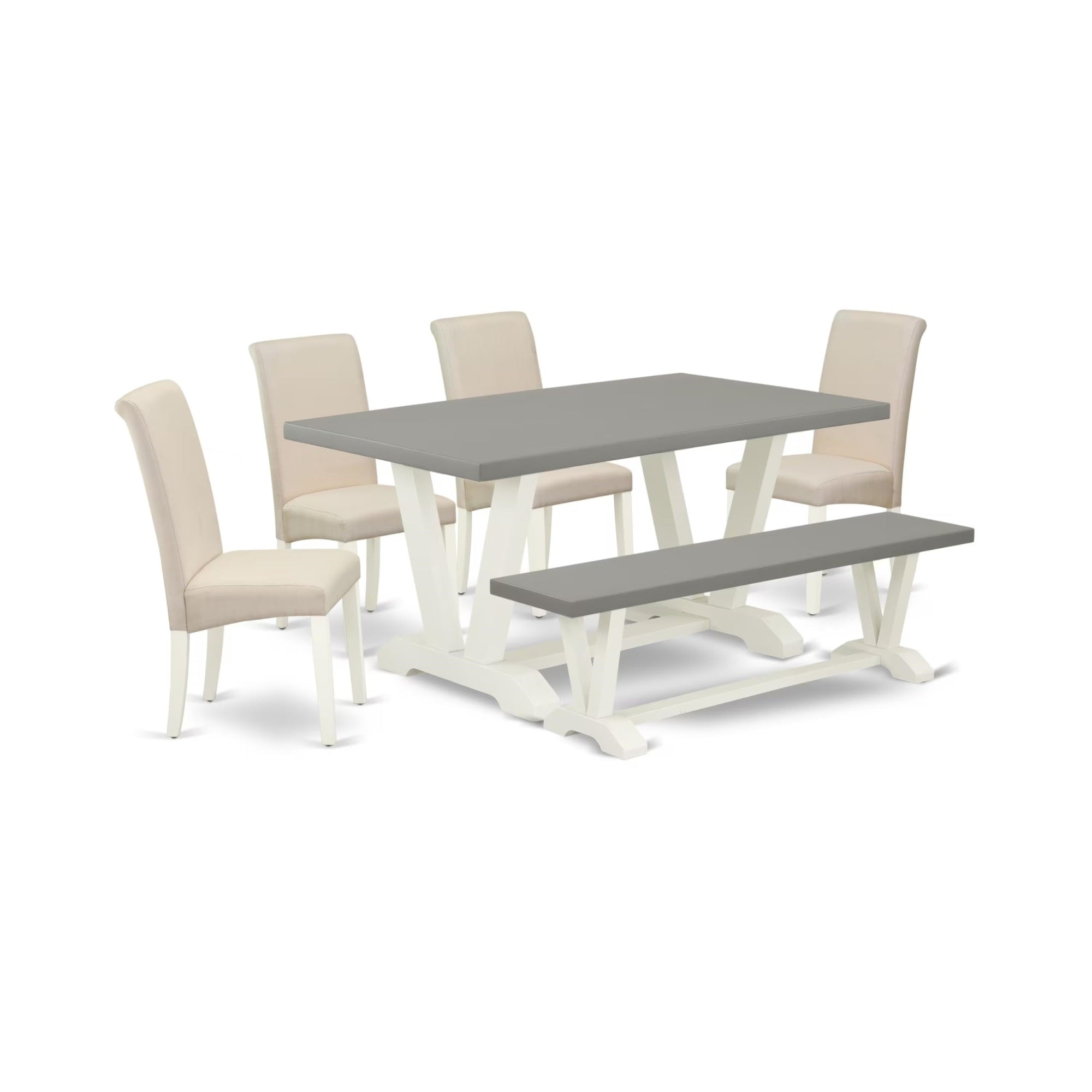 Casafoyer V-Style 6 Piece Kitchen Set Contains A Rectangle Dining Table With V-Legs And 4 Cream Linen Fabric Parson Chairs With A Bench, 36X60 Inch, V096Ba201-6