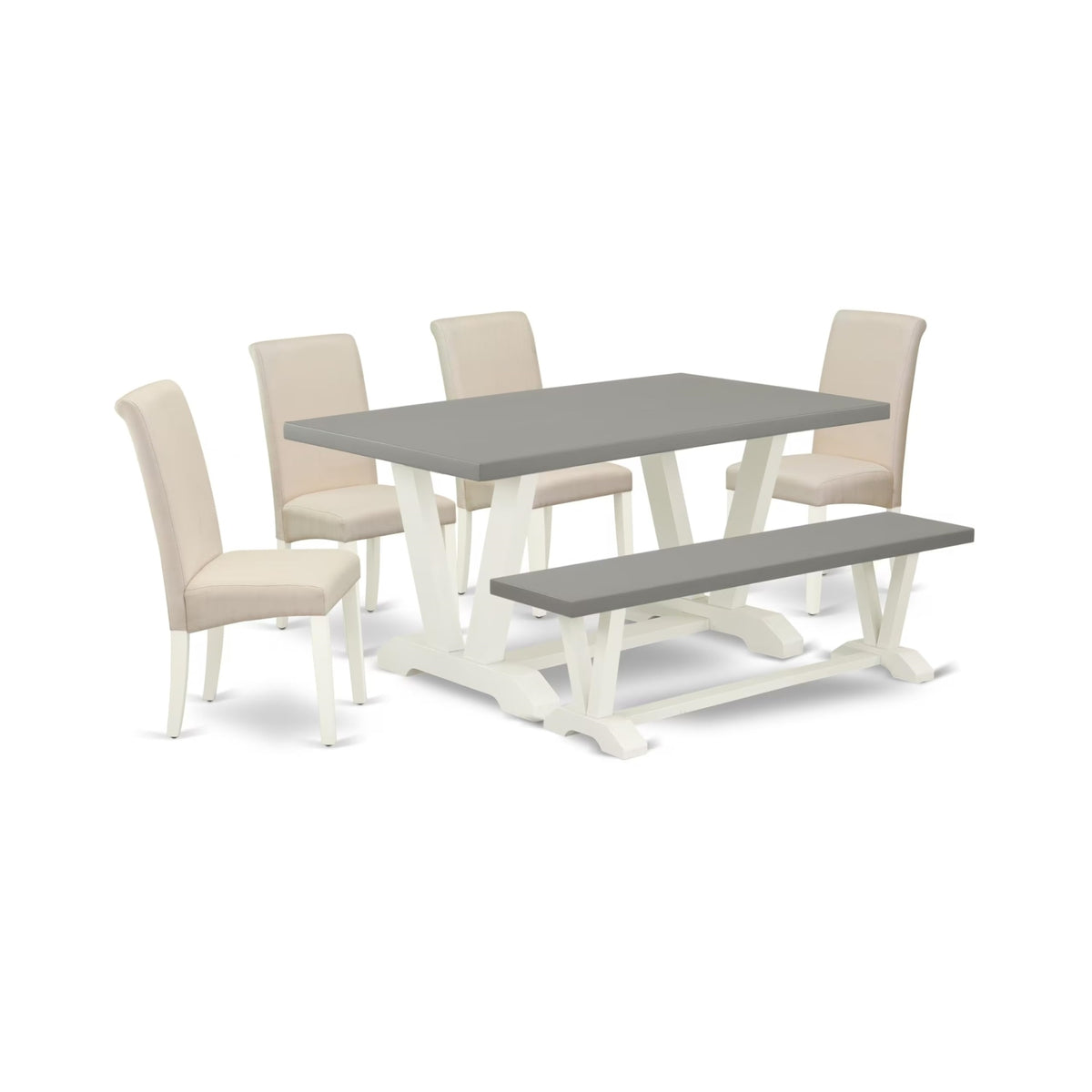 Casafoyer V-Style 6 Piece Kitchen Set Contains A Rectangle Dining Table With V-Legs And 4 Cream Linen Fabric Parson Chairs With A Bench, 36X60 Inch, V096Ba201-6