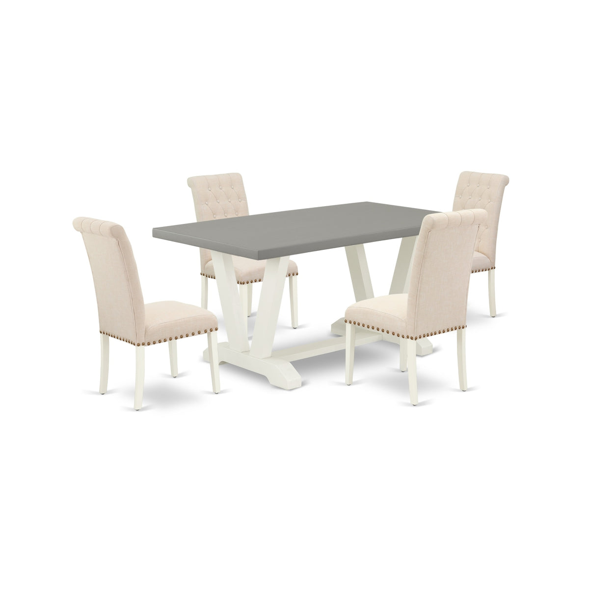 East West Furniture V096Br202-5 5-Pc Stylish Dining Room Table Set A Cement Color Modern Dining Table Top And 4 Lovely Linen Fabric Parson Chairs With Nail Heads And Button Tufted Chair Back, Wire Brushed Linen White Finish